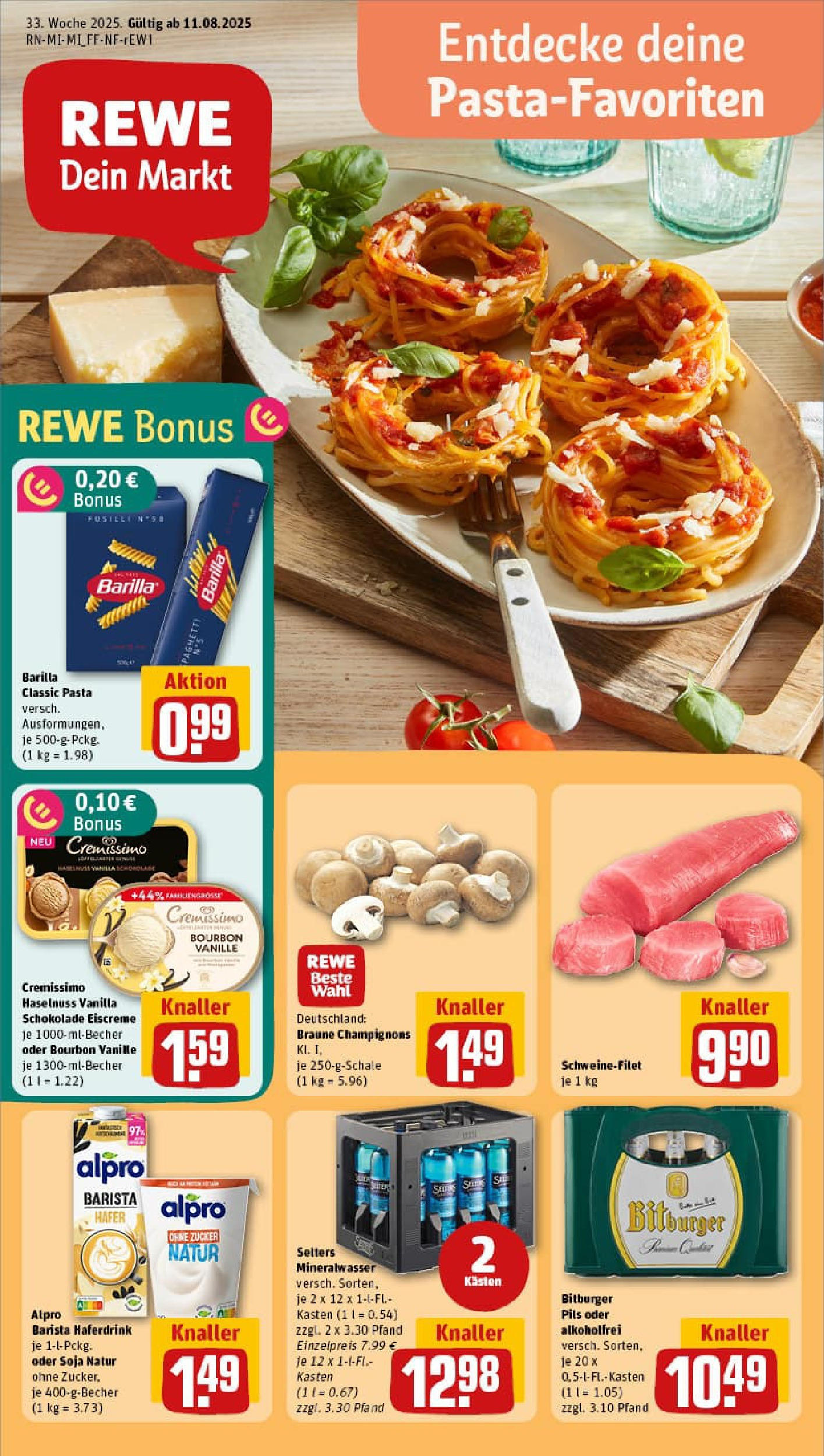 REWE Prospekt ab 11.08.2025 zum Blättern » Angebote | Seite: 1 | Produkte: Barilla, Schokolade, Schweinefilet, Zucker