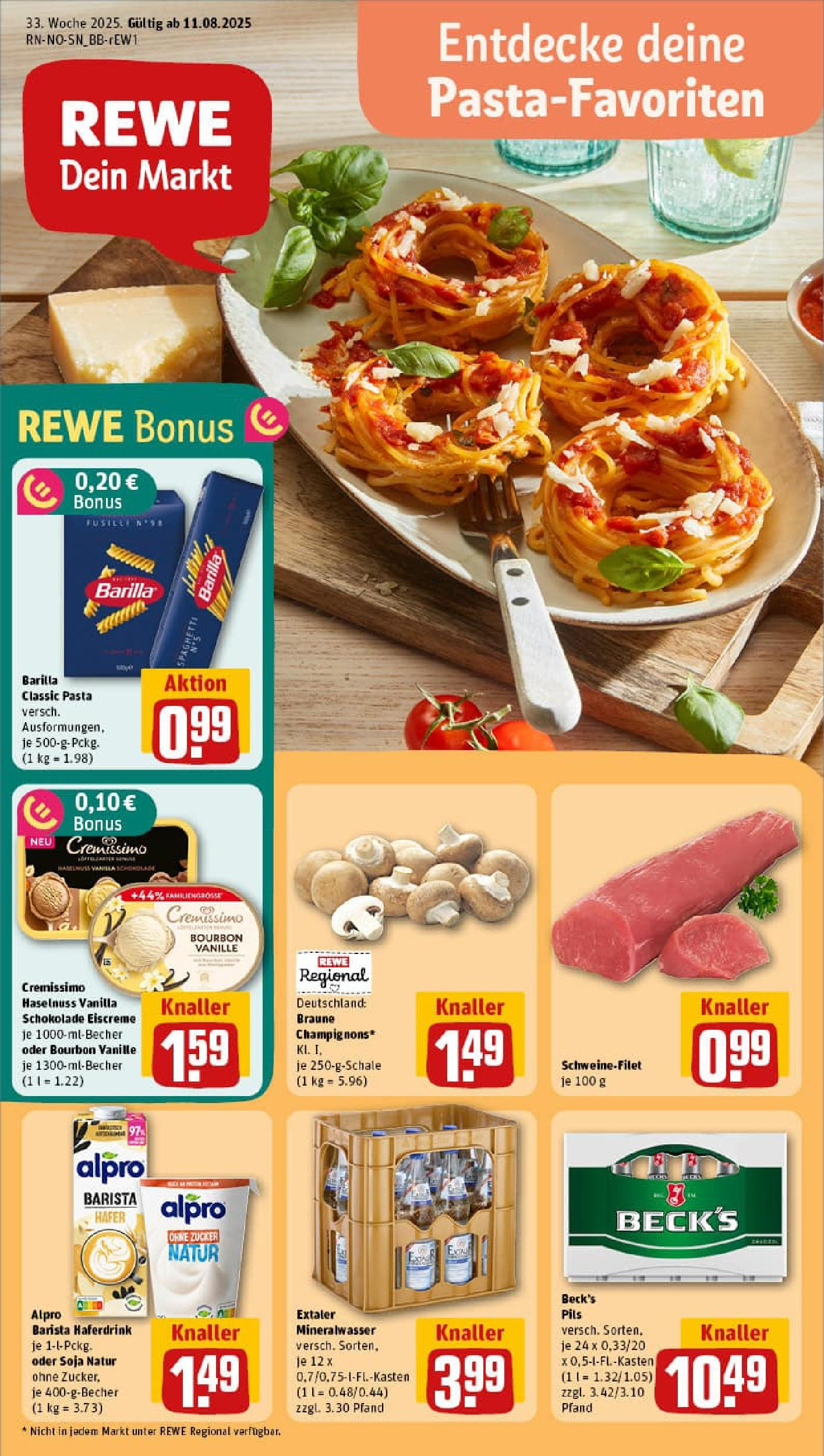 REWE Prospekt ab 11.08.2025 zum Blättern » Angebote | Seite: 1 | Produkte: Cremissimo, Eiscreme, Mineralwasser, Bourbon