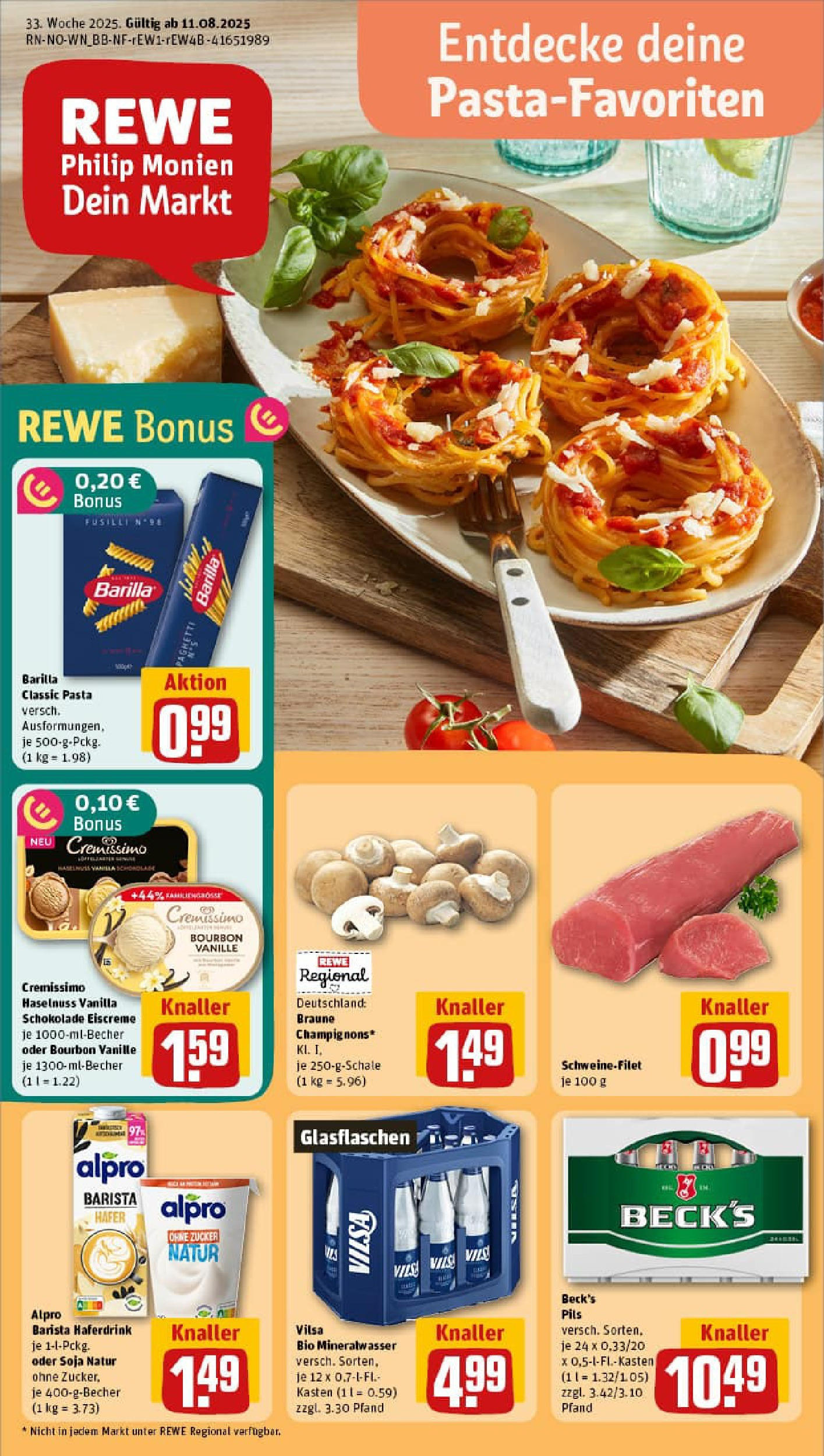 REWE Prospekt ab 11.08.2025 zum Blättern » Angebote | Seite: 1 | Produkte: Cremissimo, Barilla, Haferdrink, Pasta REWE Prospekt ab 11.08.2025 zum Blättern » Angebote | Seite: 1 | Produkte: Cremissimo, Barilla, Haferdrink, Pasta