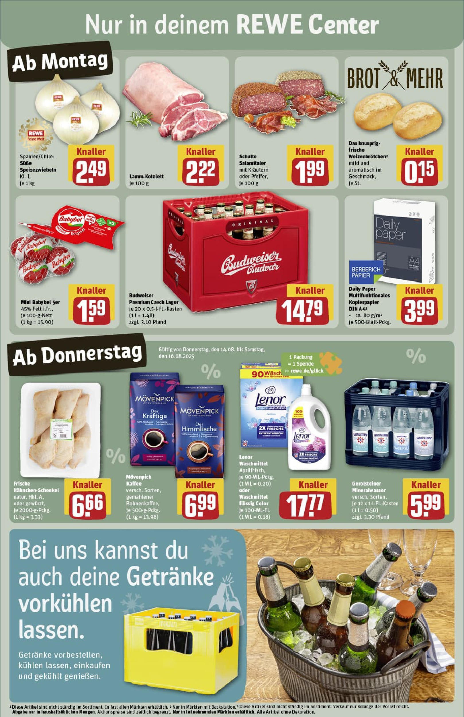 REWE Prospekt ab 11.08.2025 zum Blättern » Angebote | Seite: 3 | Produkte: Hahnchenschenkel, Kaffee, Salami, Gerolsteiner