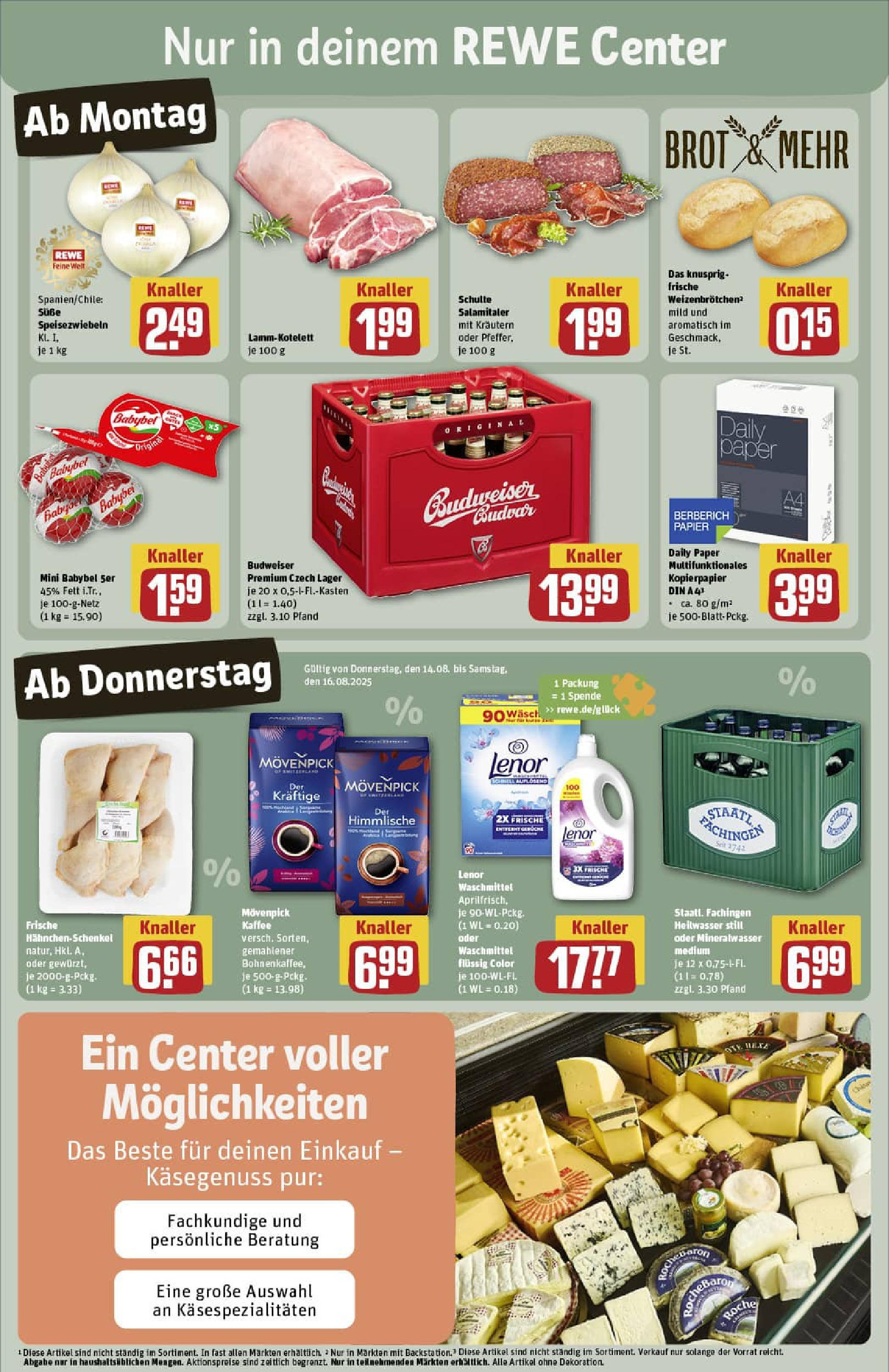 REWE Prospekt ab 11.08.2025 zum Blättern » Angebote | Seite: 3 | Produkte: Hahnchenschenkel, Mineralwasser, Movenpick kaffee, Salami