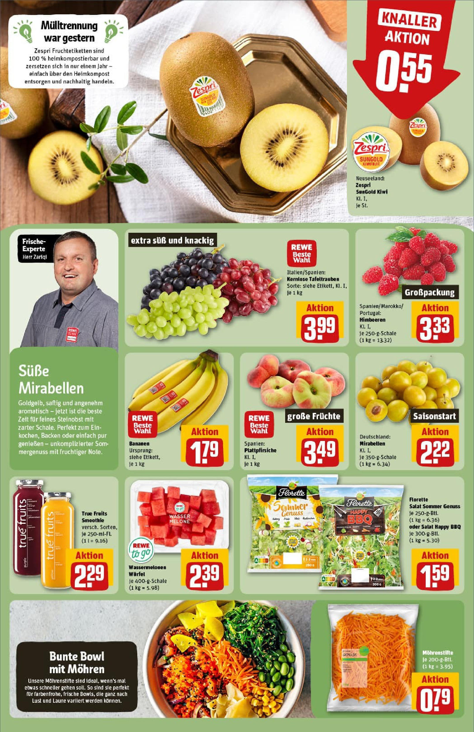 REWE Prospekt ab 11.08.2025 zum Blättern » Angebote | Seite: 6 | Produkte: Himbeeren, Bananen, Mohren, Wasser