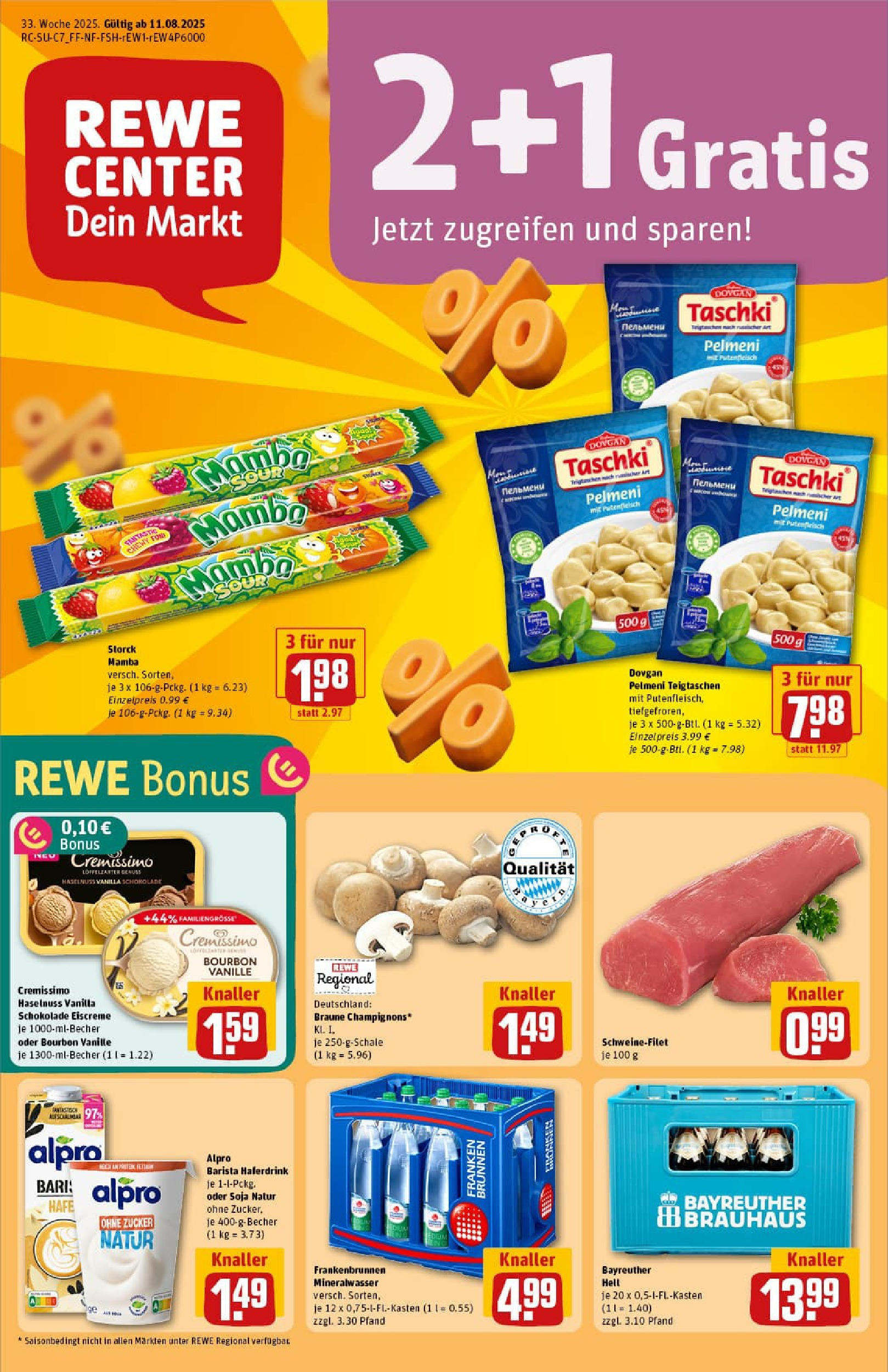 REWE Prospekt ab 11.08.2025 zum Blättern » Angebote | Seite: 1 | Produkte: Cremissimo, Schweinefilet, Alpro, Bourbon