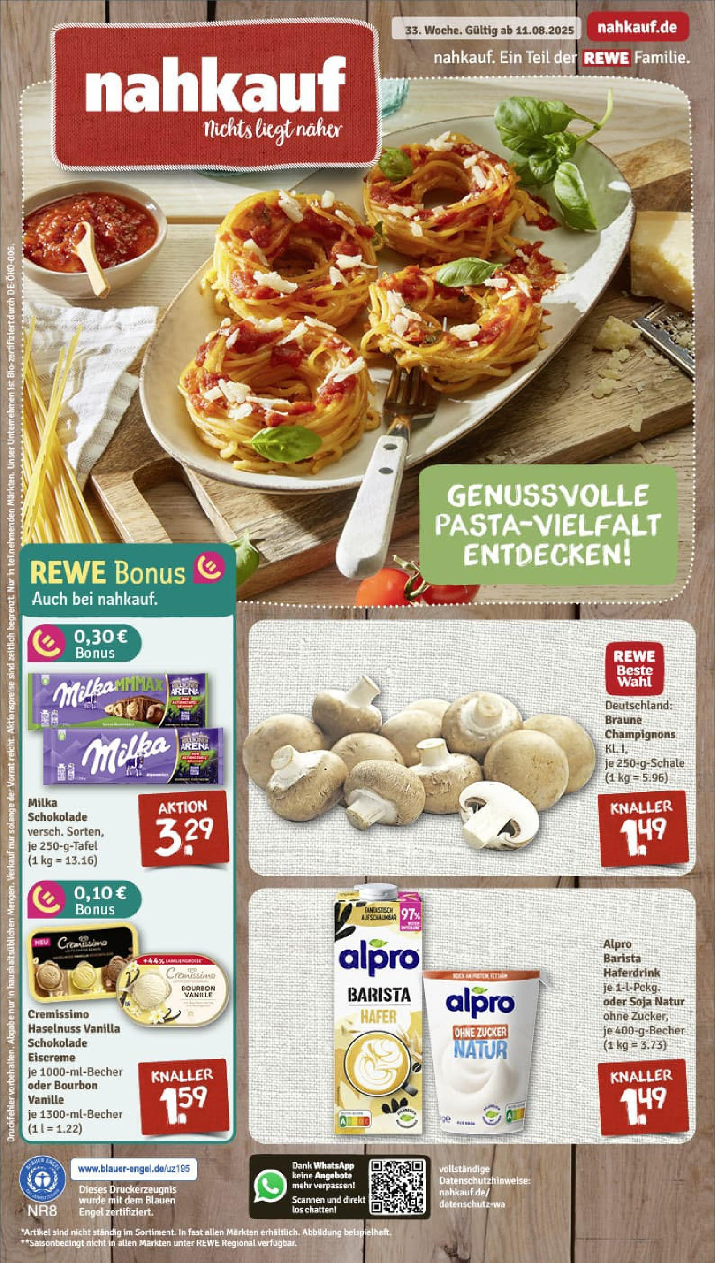REWE Prospekt ab 11.08.2025 zum Blättern » Angebote | Seite: 1 | Produkte: Schokolade, Haferdrink, Alpro, Bourbon