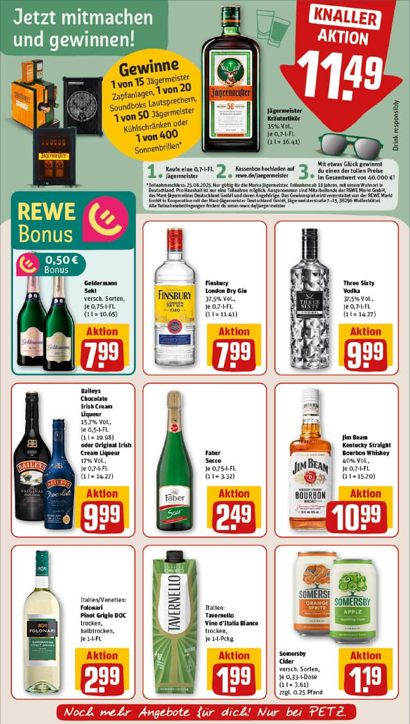 REWE Prospekt ab 11.08.2025 zum Blättern » Angebote | Seite: 21 | Produkte: Jim beam, Baileys, Gin, Whiskey