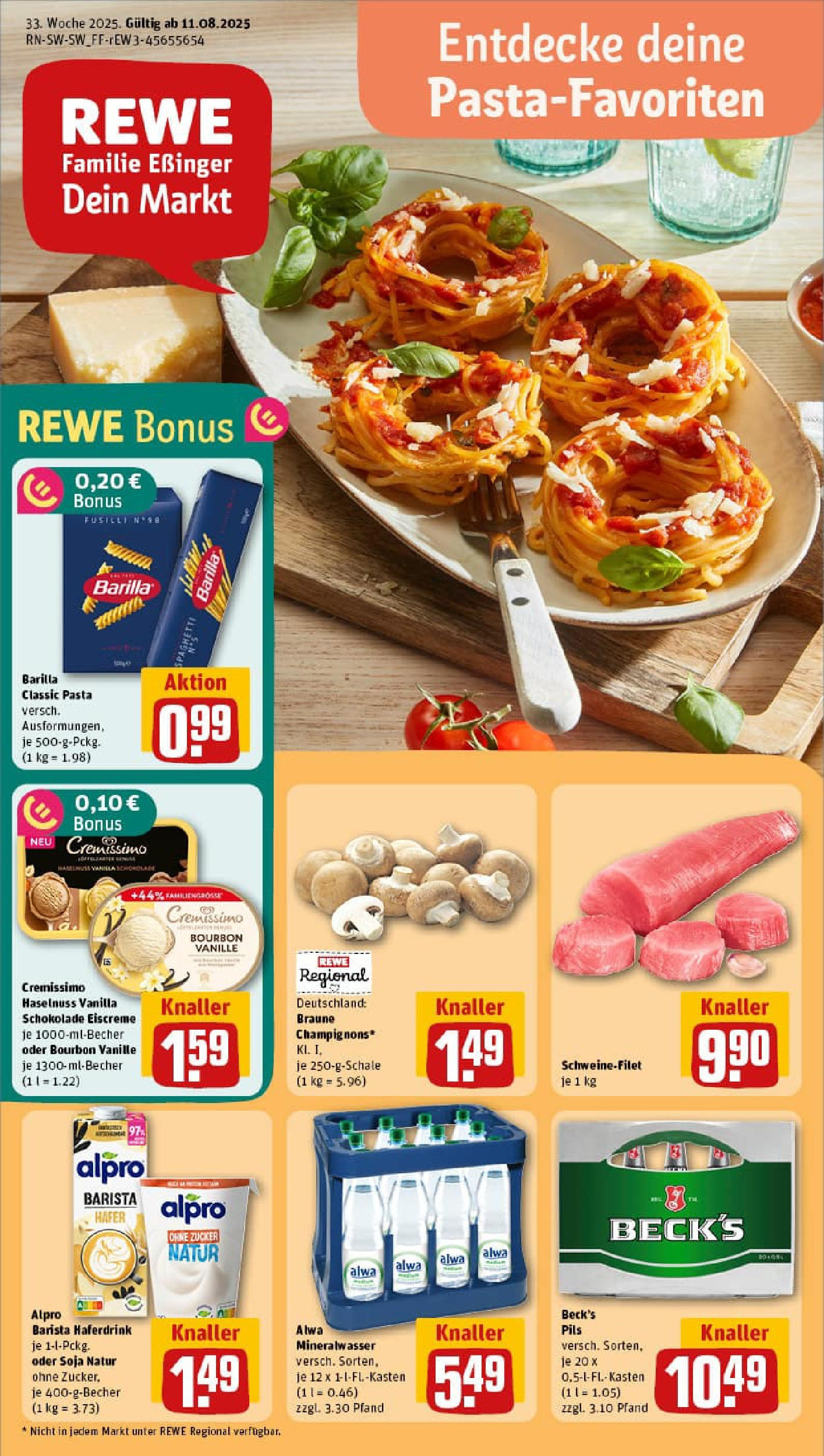 REWE Prospekt ab 11.08.2025 zum Blättern » Angebote | Seite: 1 | Produkte: Barilla, Alpro, Pasta, Bourbon