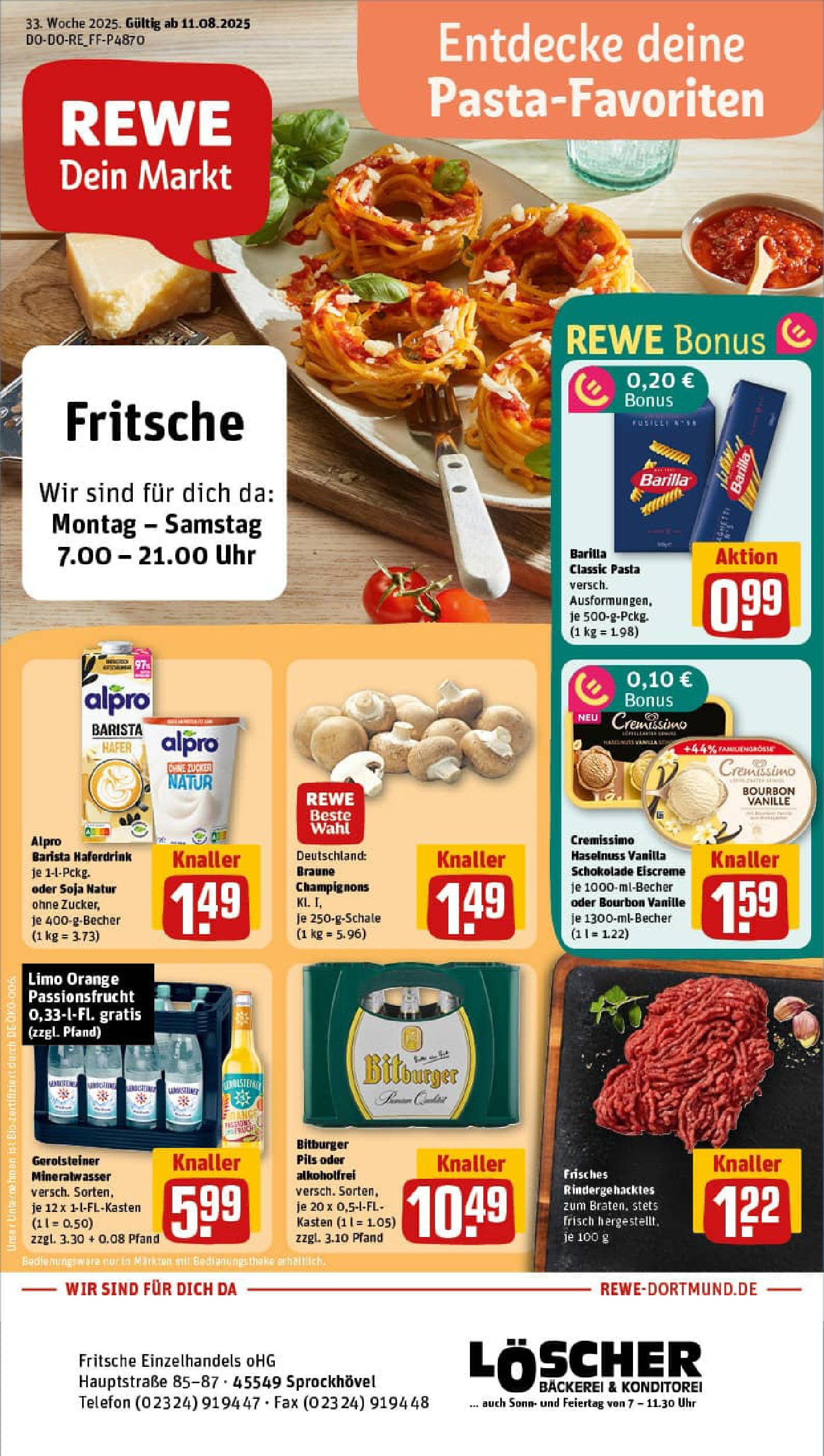 REWE Prospekt ab 11.08.2025 zum Blättern » Angebote | Seite: 1 | Produkte: Barilla, Mineralwasser, Haferdrink, Champignons