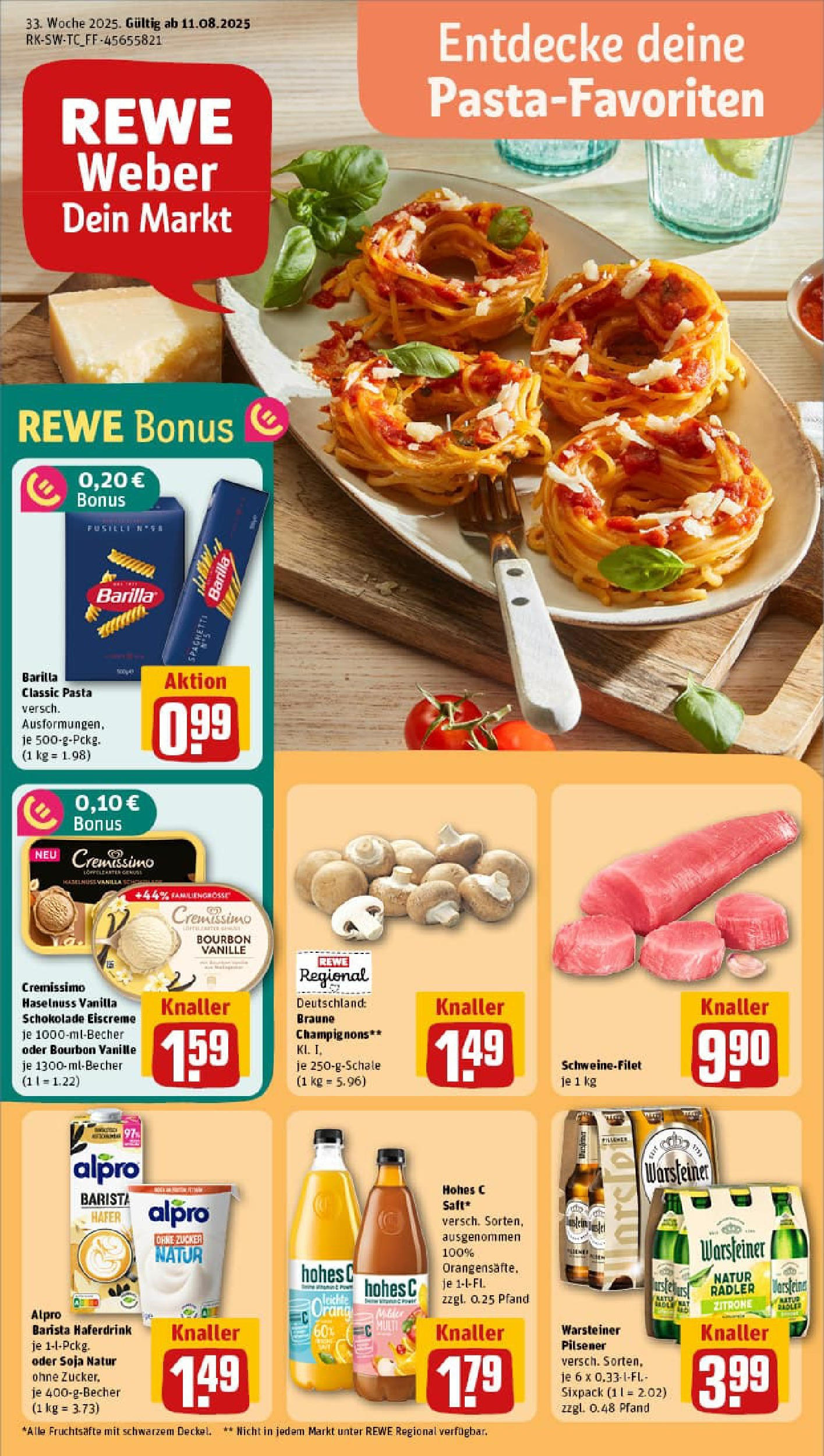 REWE Prospekt ab 11.08.2025 zum Blättern » Angebote | Seite: 1 | Produkte: Zitrone, Pasta, Hohes c, Saft