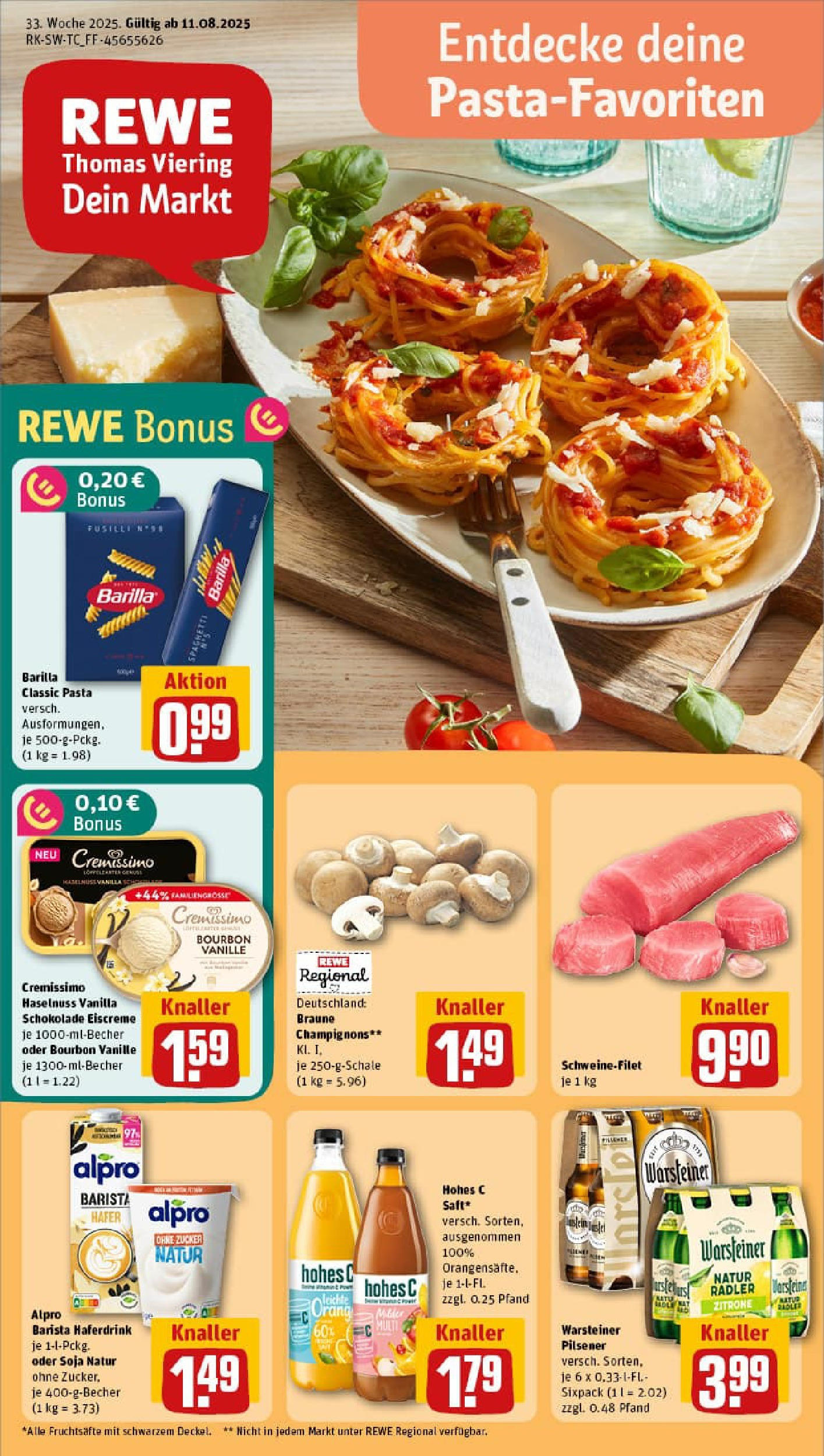 REWE Prospekt ab 11.08.2025 zum Blättern » Angebote | Seite: 1 | Produkte: Barilla, Schokolade, Champignons, Pasta REWE Prospekt ab 11.08.2025 zum Blättern » Angebote | Seite: 1 | Produkte: Barilla, Schokolade, Champignons, Pasta
