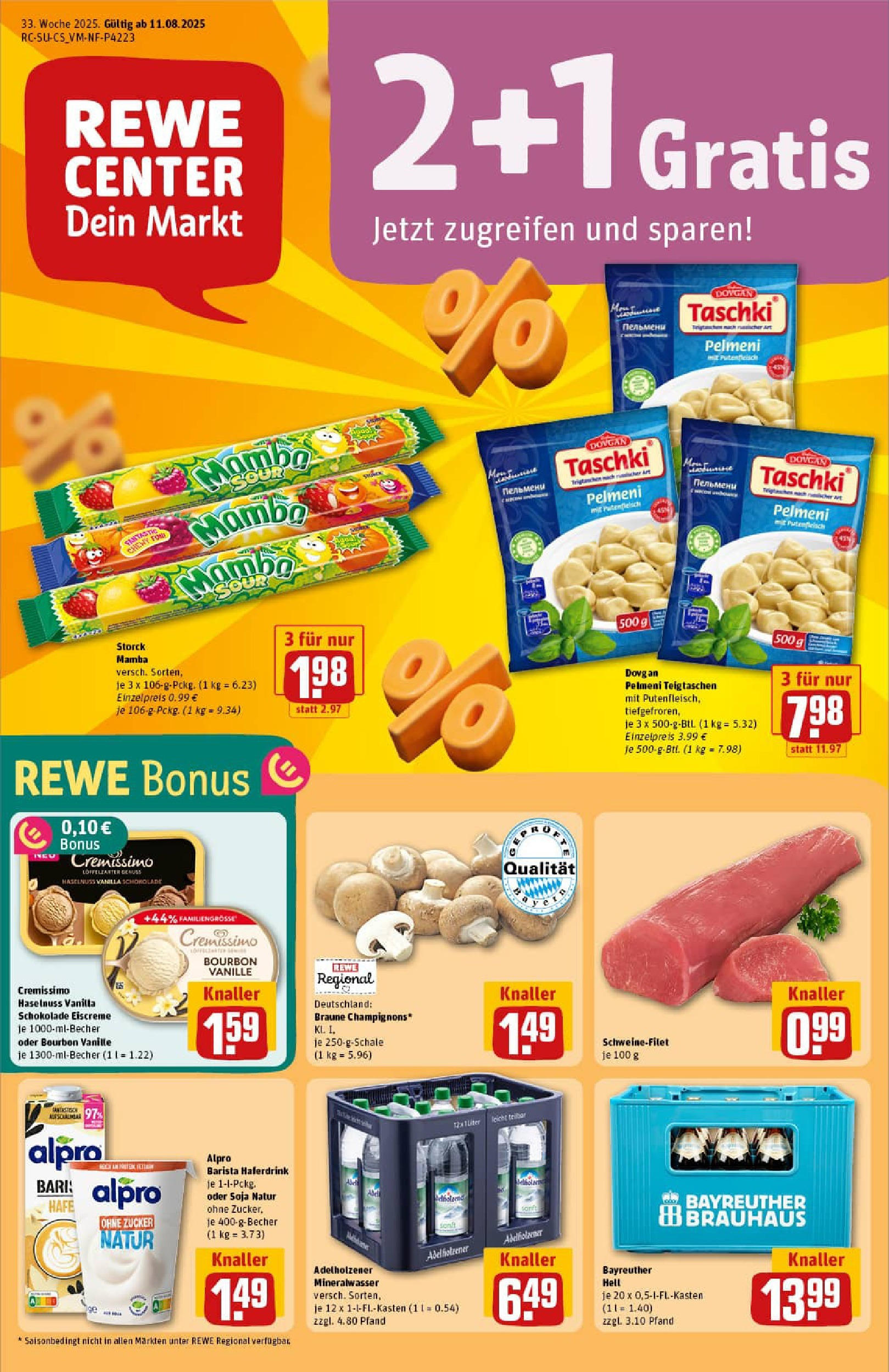 REWE Prospekt ab 11.08.2025 zum Blättern » Angebote | Seite: 1 | Produkte: Bayreuther hell, Schokolade, Haferdrink, Alpro