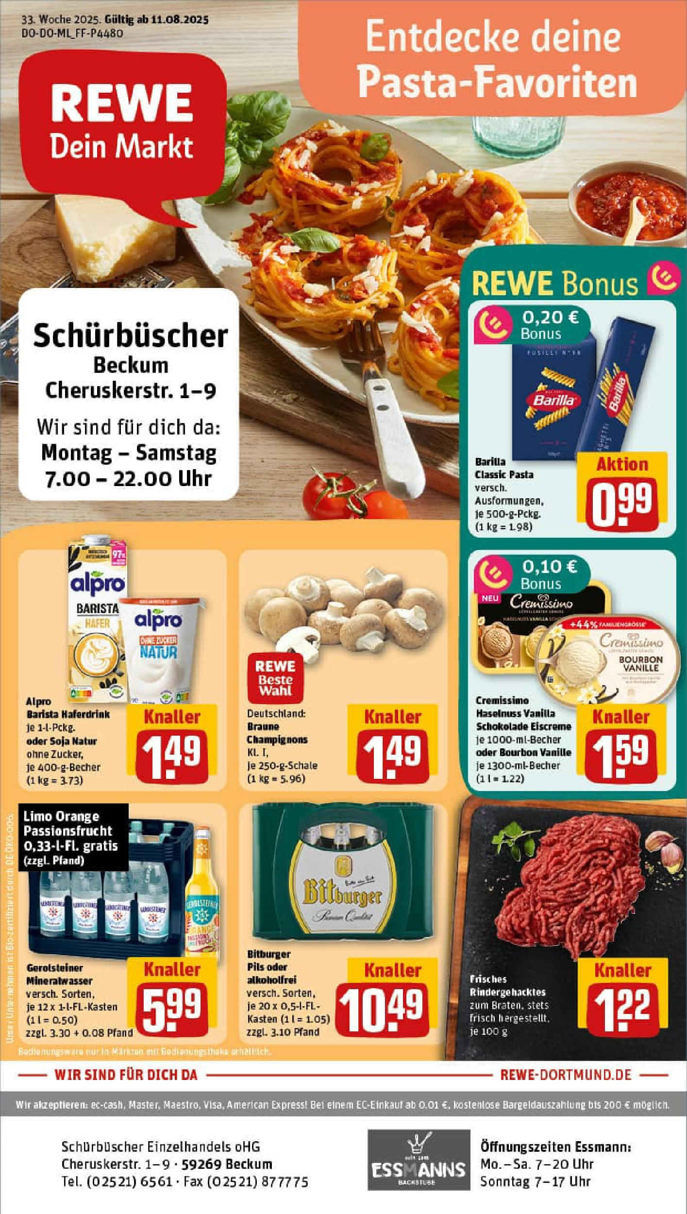 REWE Prospekt ab 11.08.2025 zum Blättern » Angebote | Seite: 1 | Produkte: Barilla, Haferdrink, Alpro, Bourbon