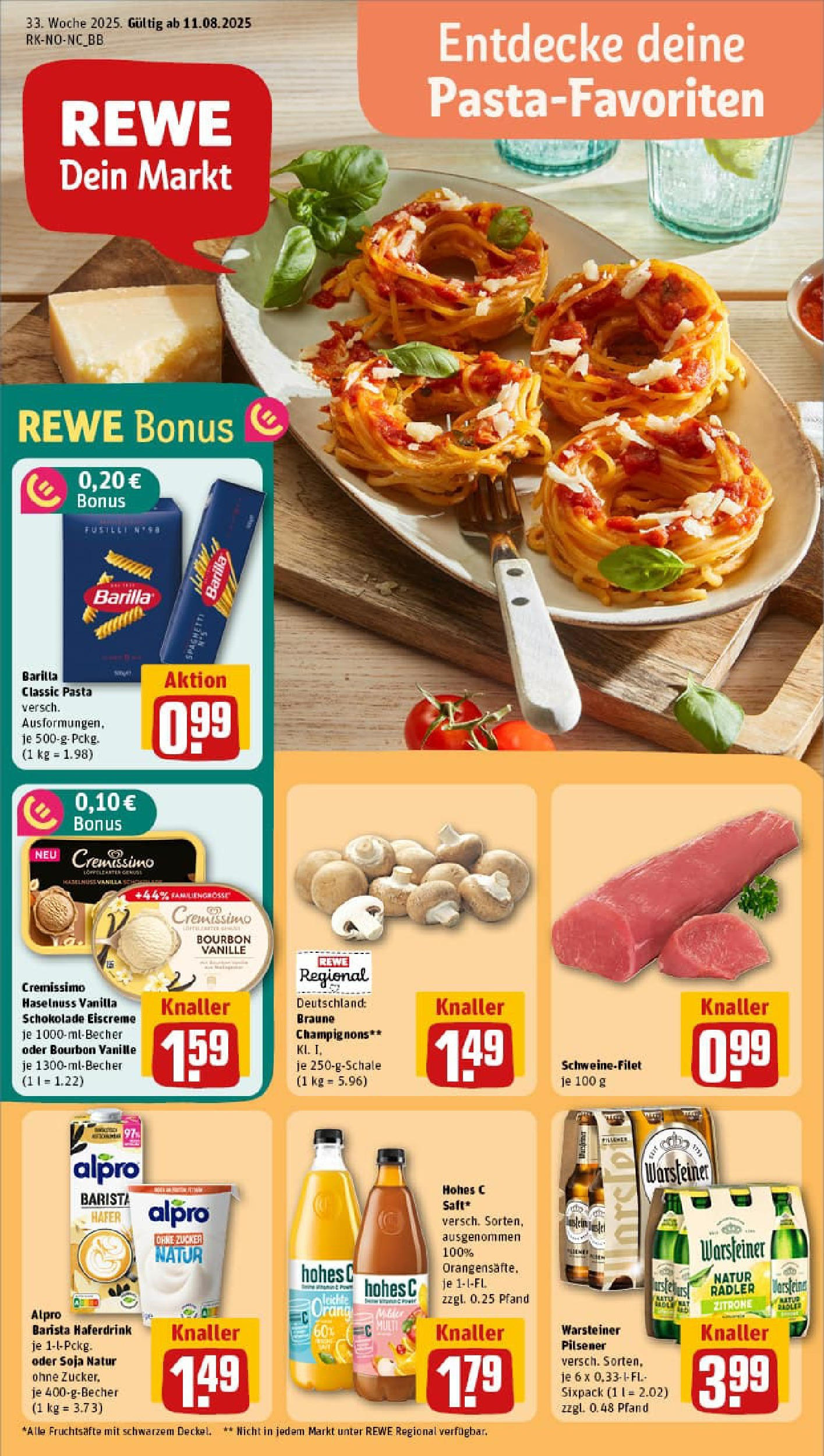 REWE Prospekt ab 11.08.2025 zum Blättern » Angebote | Seite: 1 | Produkte: Eiscreme, Haferdrink, Champignons, Pasta