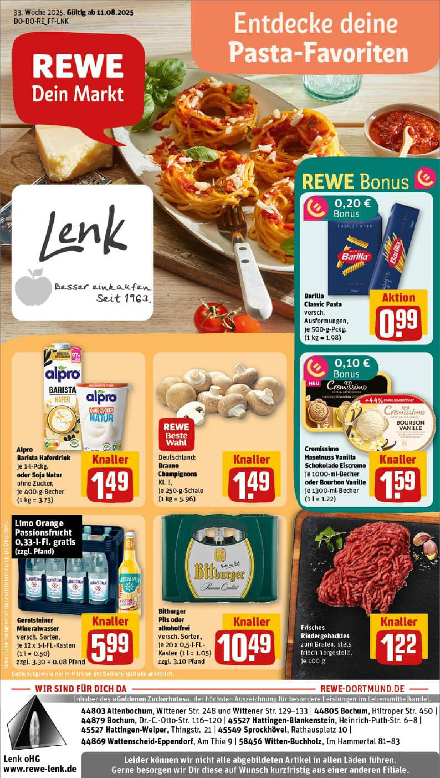 REWE Prospekt ab 11.08.2025 zum Blättern » Angebote | Seite: 1 | Produkte: Barilla, Mineralwasser, Haferdrink, Bourbon