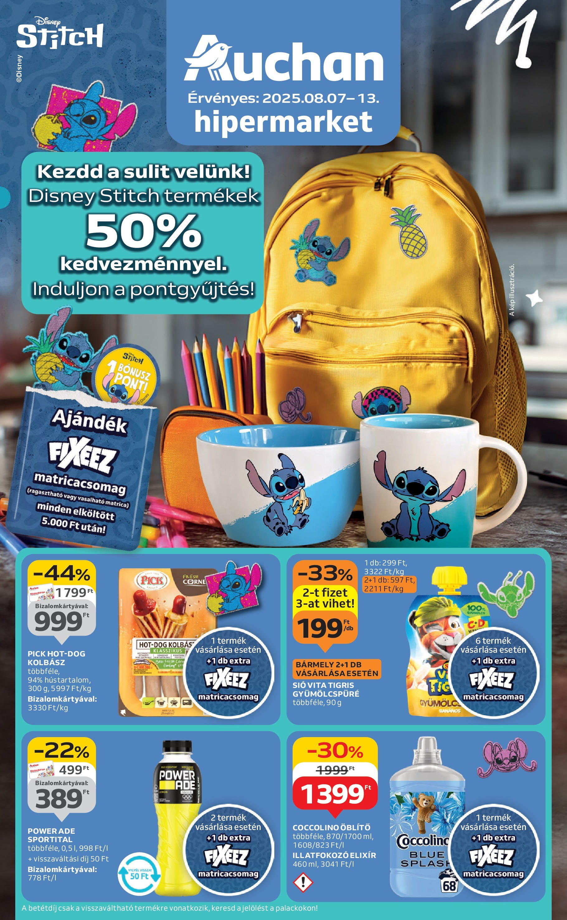 Auchan Akciós újság - 2025.08.07. -tól/töl > akció, lapozható szórólap 🛍️ | Oldal: 1 | Termékek: Coccolino, Kolbász, Pick, Öblítő