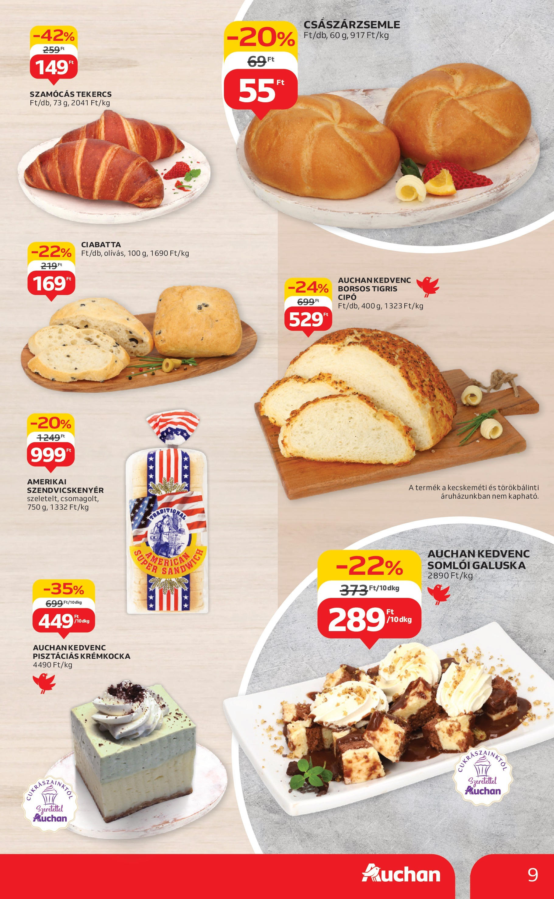 Auchan Akciós újság - 2025.08.07. -tól/töl > akció, lapozható szórólap 🛍️ | Oldal: 9 | Termékek: Somlói galuska, Császárzsemle, Szendvicskenyér, Ciabatta