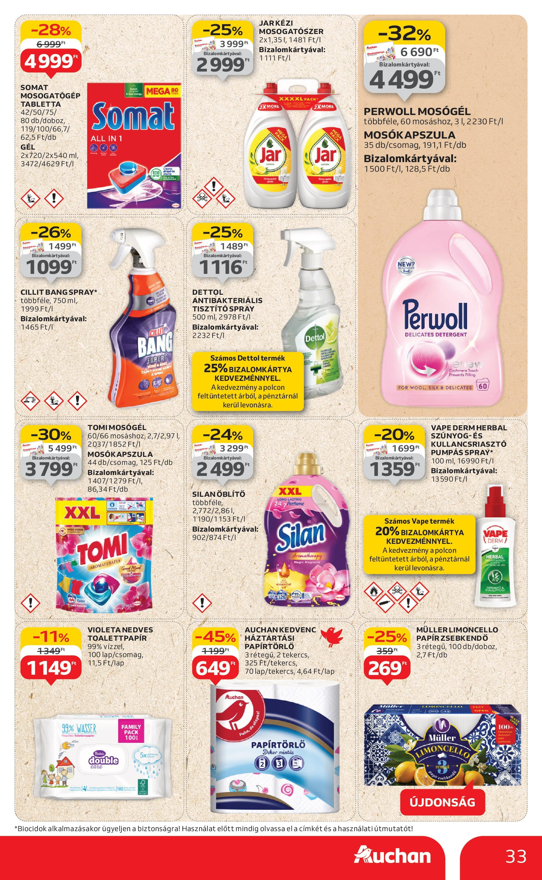 Auchan Akciós újság - 2025.08.07. -tól/töl > akció, lapozható szórólap 🛍️ | Oldal: 33 | Termékek: Papírtörlő, Kullancsriasztó, Mosógél, Mosókapszula