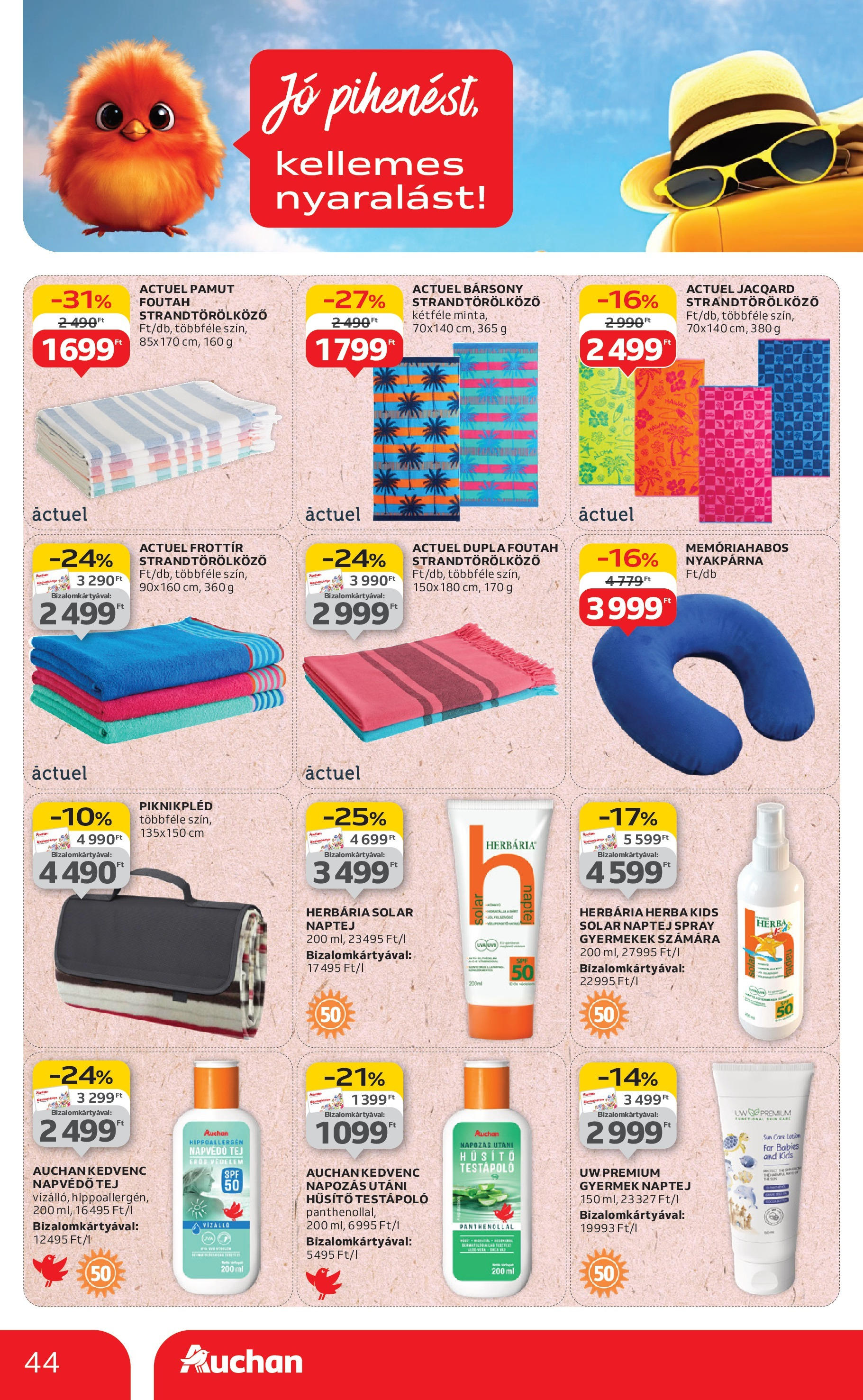 Auchan Akciós újság - 2025.08.07. -tól/töl > akció, lapozható szórólap 🛍️ | Oldal: 44 | Termékek: Strandtörölköző, Naptej, Testápoló, Só