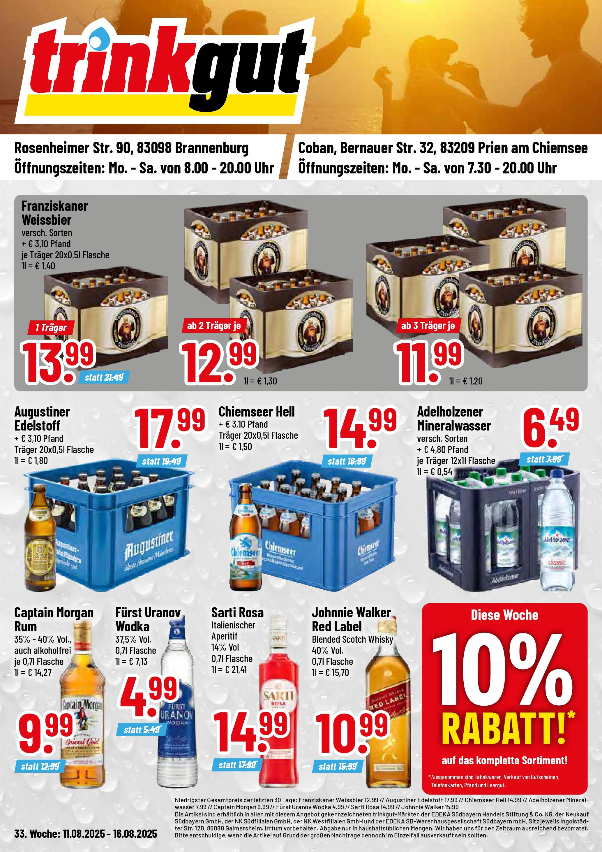 Trinkgut prospekt Prien am Chiemsee	 (ab 10.08.2025) » Angebote online | Seite: 1 | Produkte: Whisky, Wasser, Captain morgan, Johnnie walker