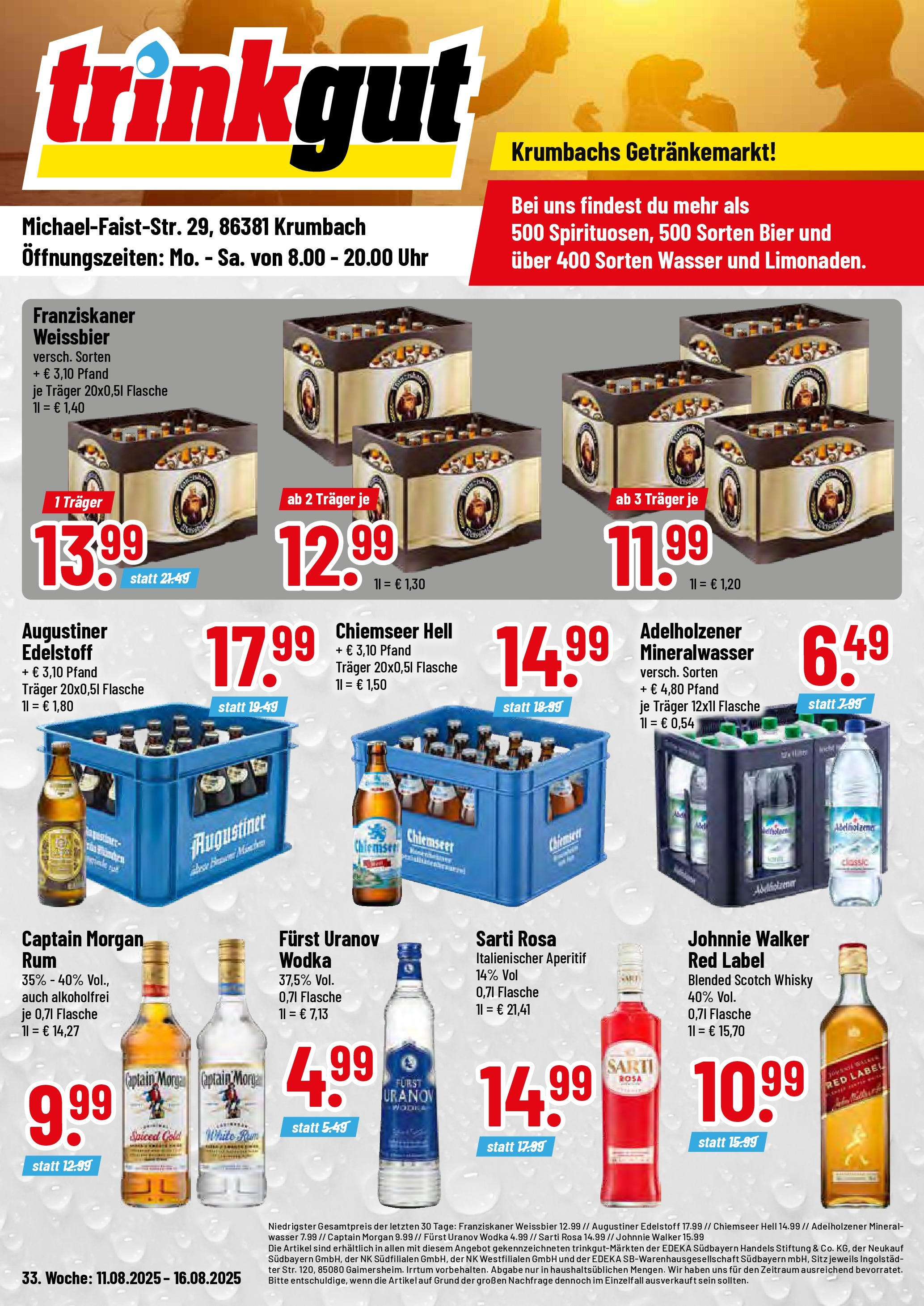 Trinkgut prospekt Krumbach (ab 11.08.2025) » Angebote ab Montag | Seite: 1 | Produkte: Whisky, Adelholzener, Captain morgan, Uhr Trinkgut prospekt Krumbach (ab 11.08.2025) » Angebote online | Seite: 1 | Produkte: Whisky, Adelholzener, Captain morgan, Uhr