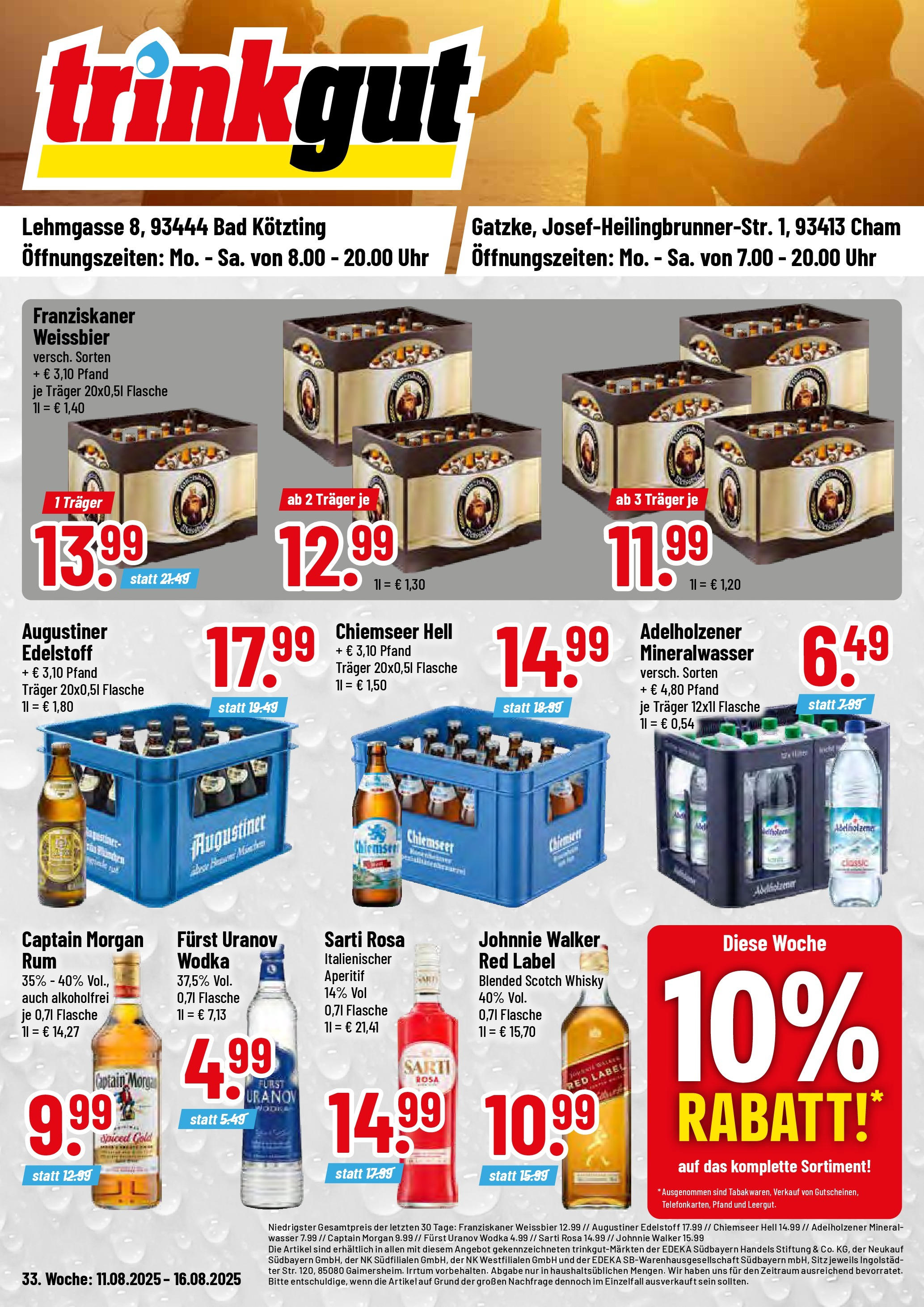 Trinkgut prospekt Bad Kötzting (ab 10.08.2025) » Angebote ab Montag | Seite: 1 | Produkte: Franziskaner, Bad, Adelholzener, Captain morgan Trinkgut prospekt Bad Kötzting (ab 10.08.2025) » Angebote online | Seite: 1 | Produkte: Franziskaner, Bad, Adelholzener, Captain morgan