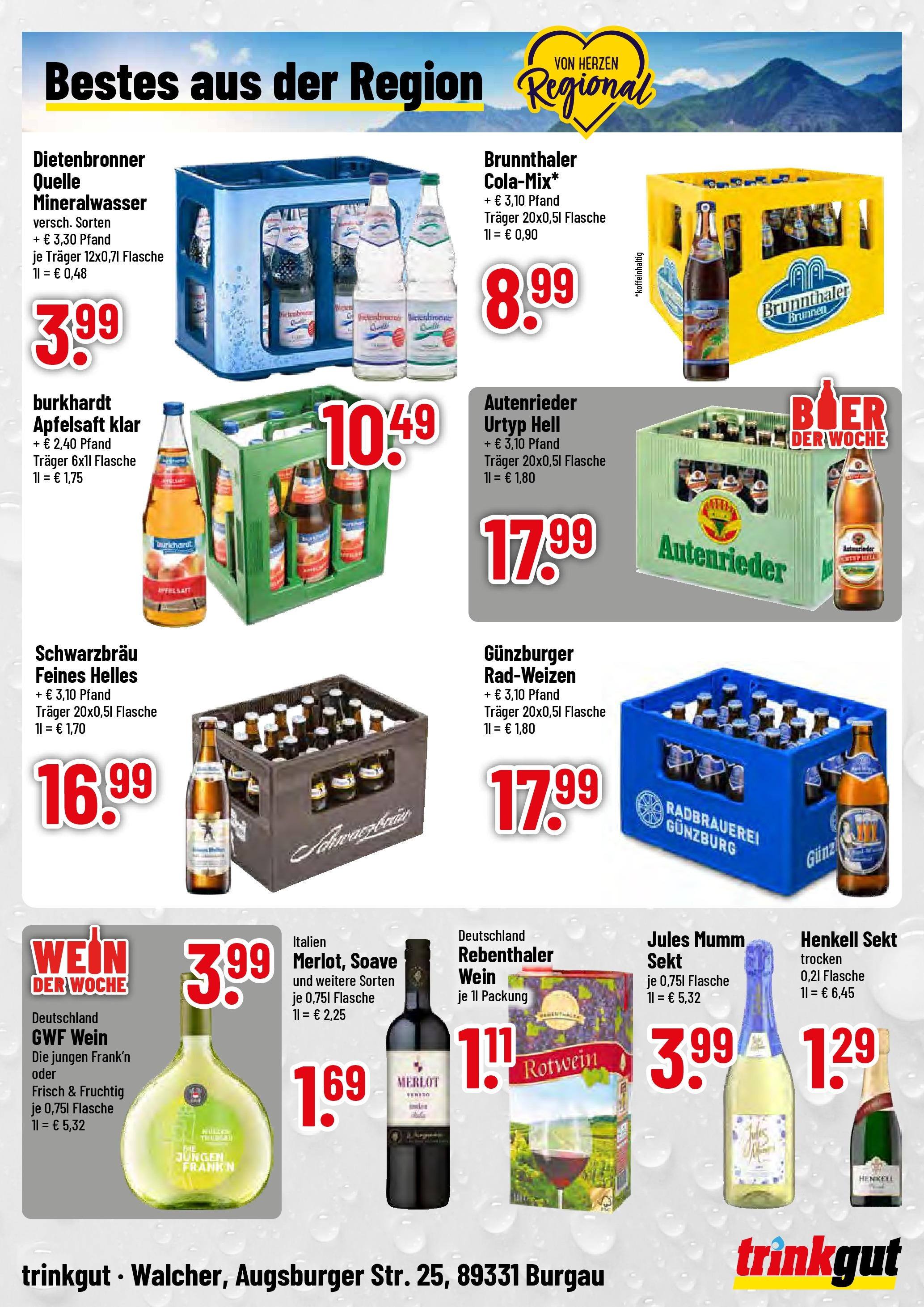 Trinkgut prospekt Burgau	 (ab 11.08.2025) » Angebote online | Seite: 4 | Produkte: Merlot, Apfelsaft, Mineralwasser, Wein
