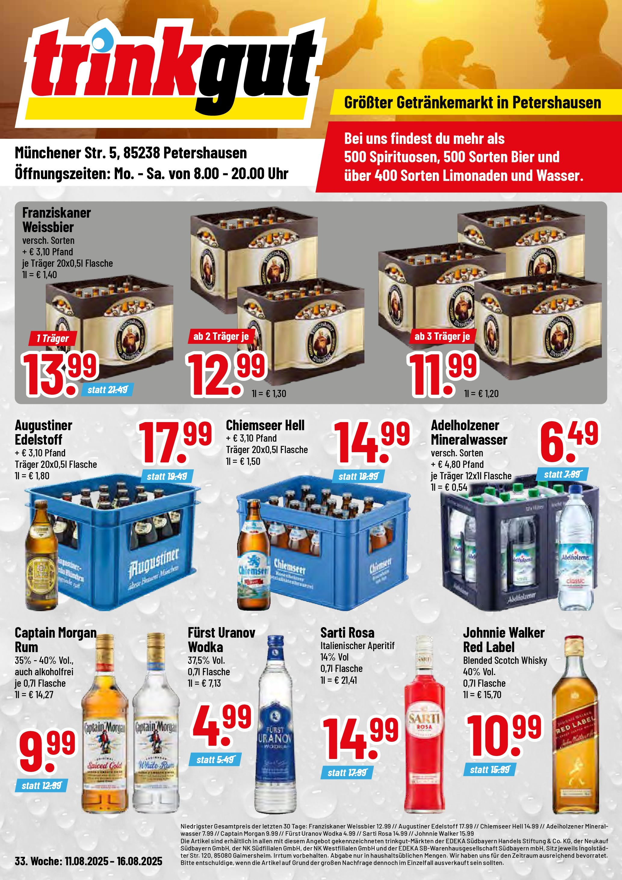 Trinkgut prospekt Petershausen	 (ab 10.08.2025) » Angebote online | Seite: 1 | Produkte: Bier, Wasser, Captain morgan, Johnnie walker