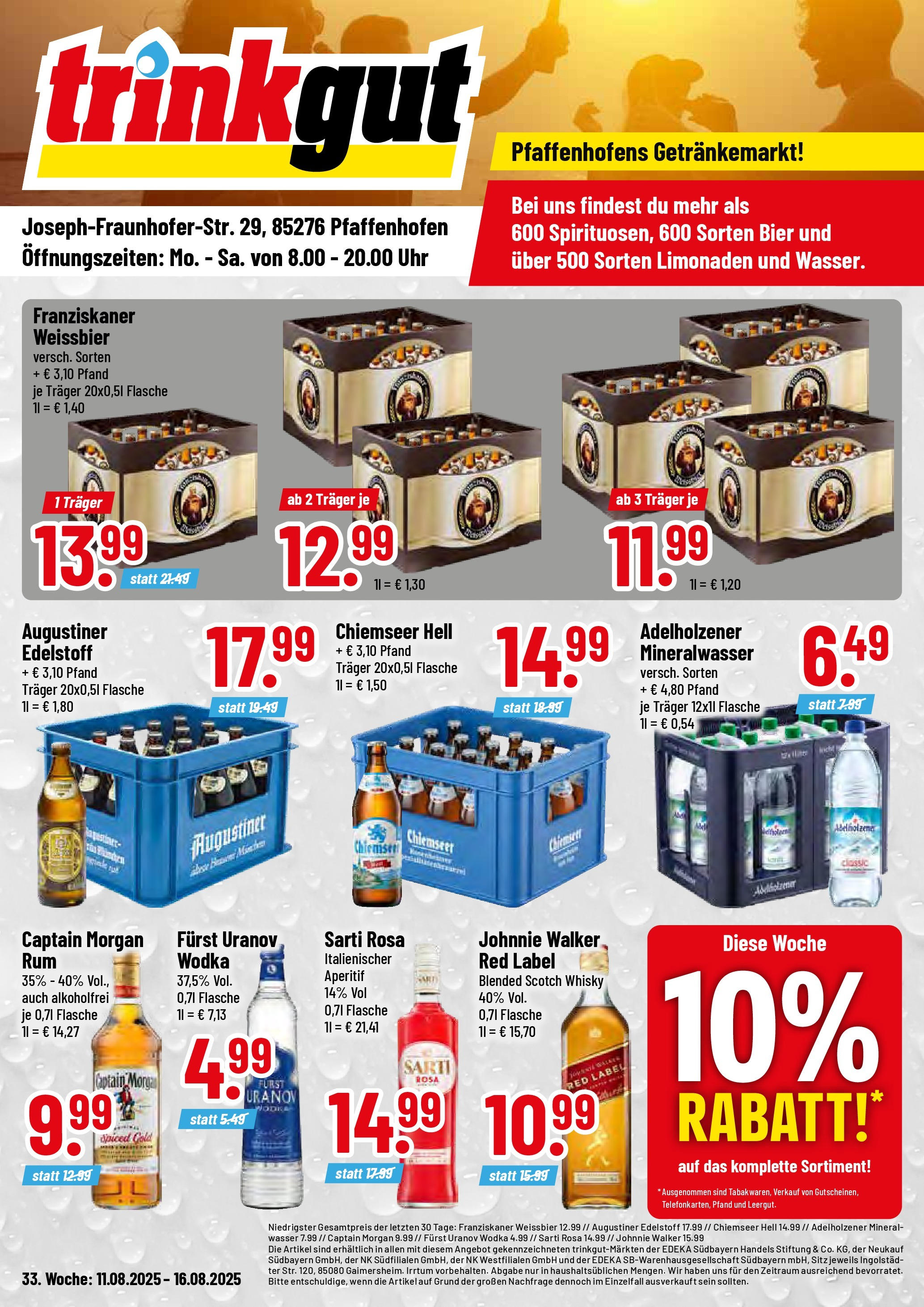 Trinkgut prospekt Pfaffenhofen/Ilm	 (ab 11.08.2025) » Angebote online | Seite: 1 | Produkte: Adelholzener, Mineralwasser, Captain morgan, Johnnie walker