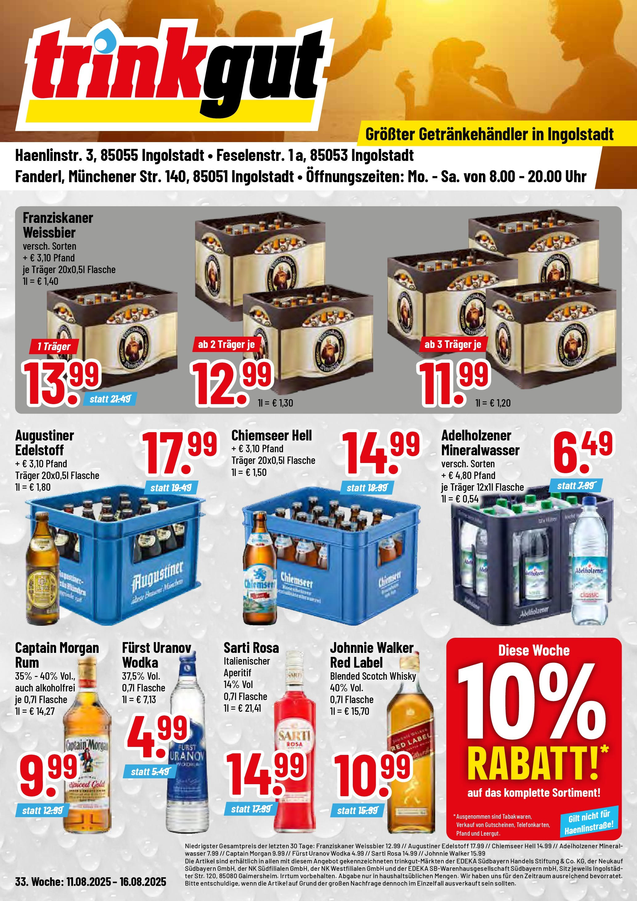 Trinkgut prospekt Ingolstadt	 (ab 10.08.2025) » Angebote online | Seite: 1 | Produkte: Franziskaner, Weißbier, Adelholzener, Wodka