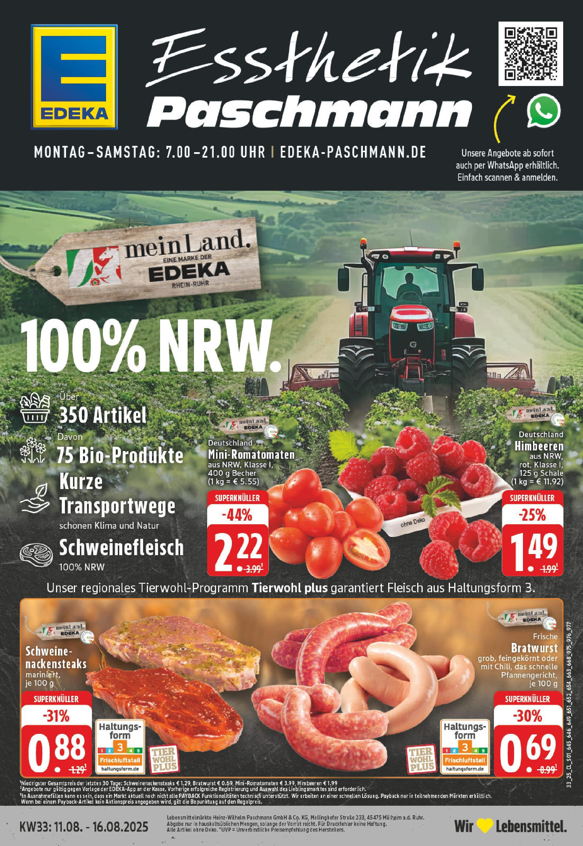 Edeka prospekt Düsseldorf - Bilk (ab 11.08.2025) » Angebote Online | Seite: 1 | Produkte: Bratwurst, Schweinefleisch, Fleisch, Uhr Edeka prospekt Düsseldorf - Bilk (ab 11.08.2025) » Angebote Online | Seite: 1 | Produkte: Bratwurst, Schweinefleisch, Fleisch, Uhr