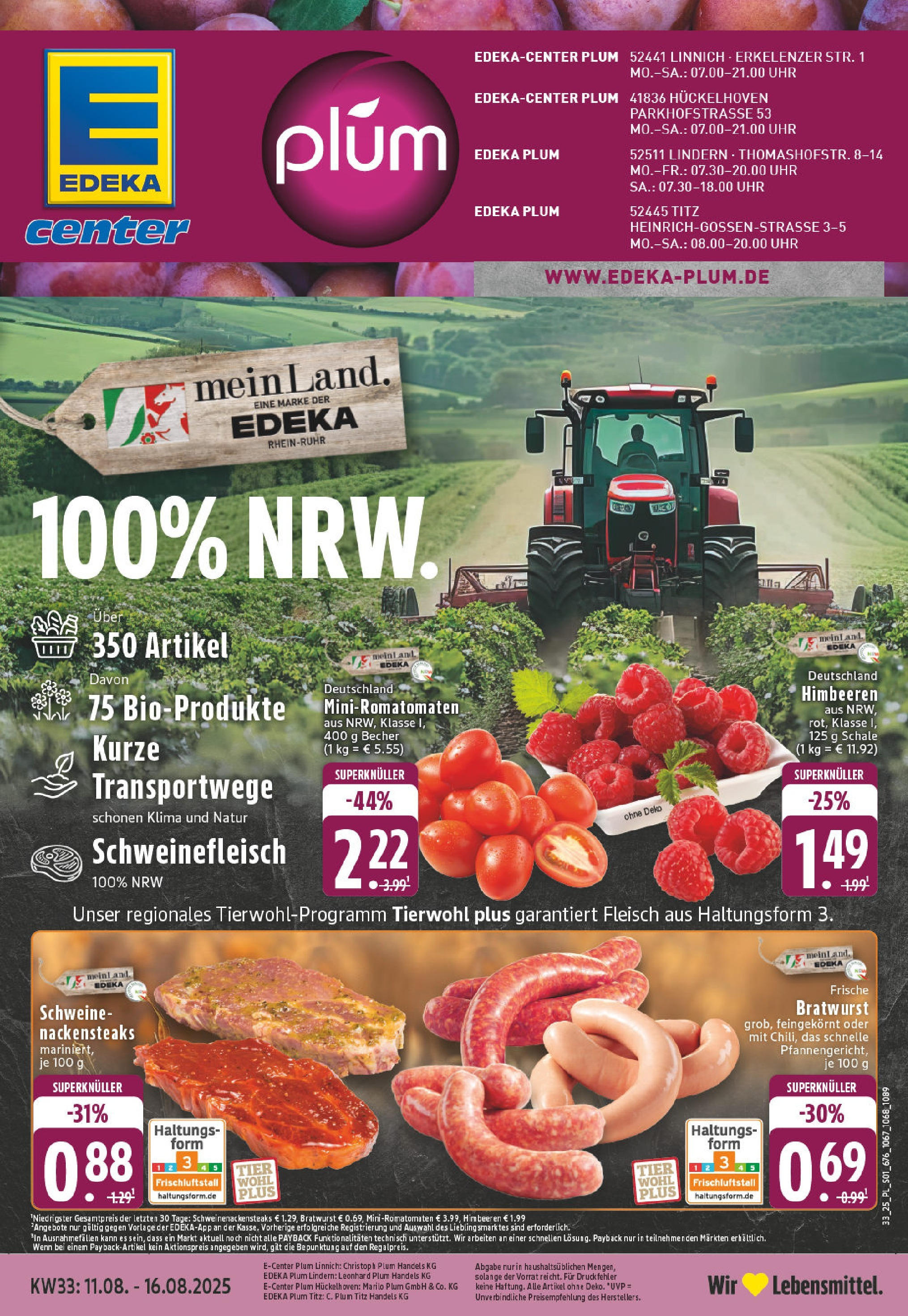 Edeka prospekt Titz	 (ab 11.08.2025) » Angebote Online | Seite: 1 | Produkte: Himbeeren, Bratwurst, Schweinefleisch, Fleisch