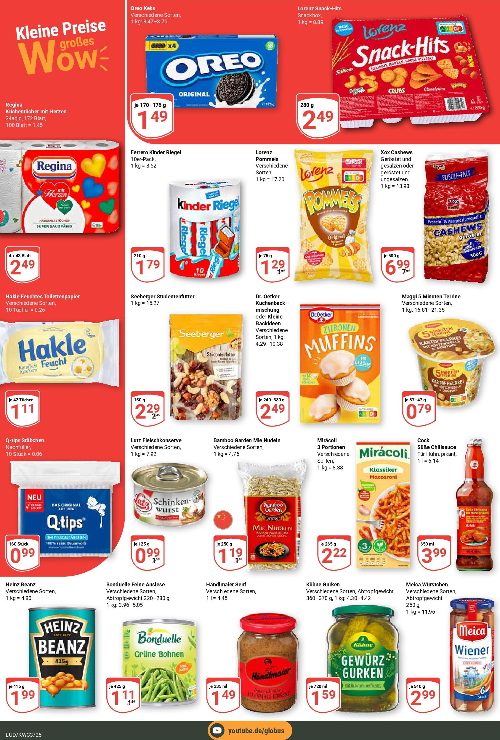 Globus prospekt Ludwigshafen-Oggersheim	 (ab 11.08.2025) » Angebote online | Seite: 8 | Produkte: Kinder riegel, Wurst, Nudeln, Gurken