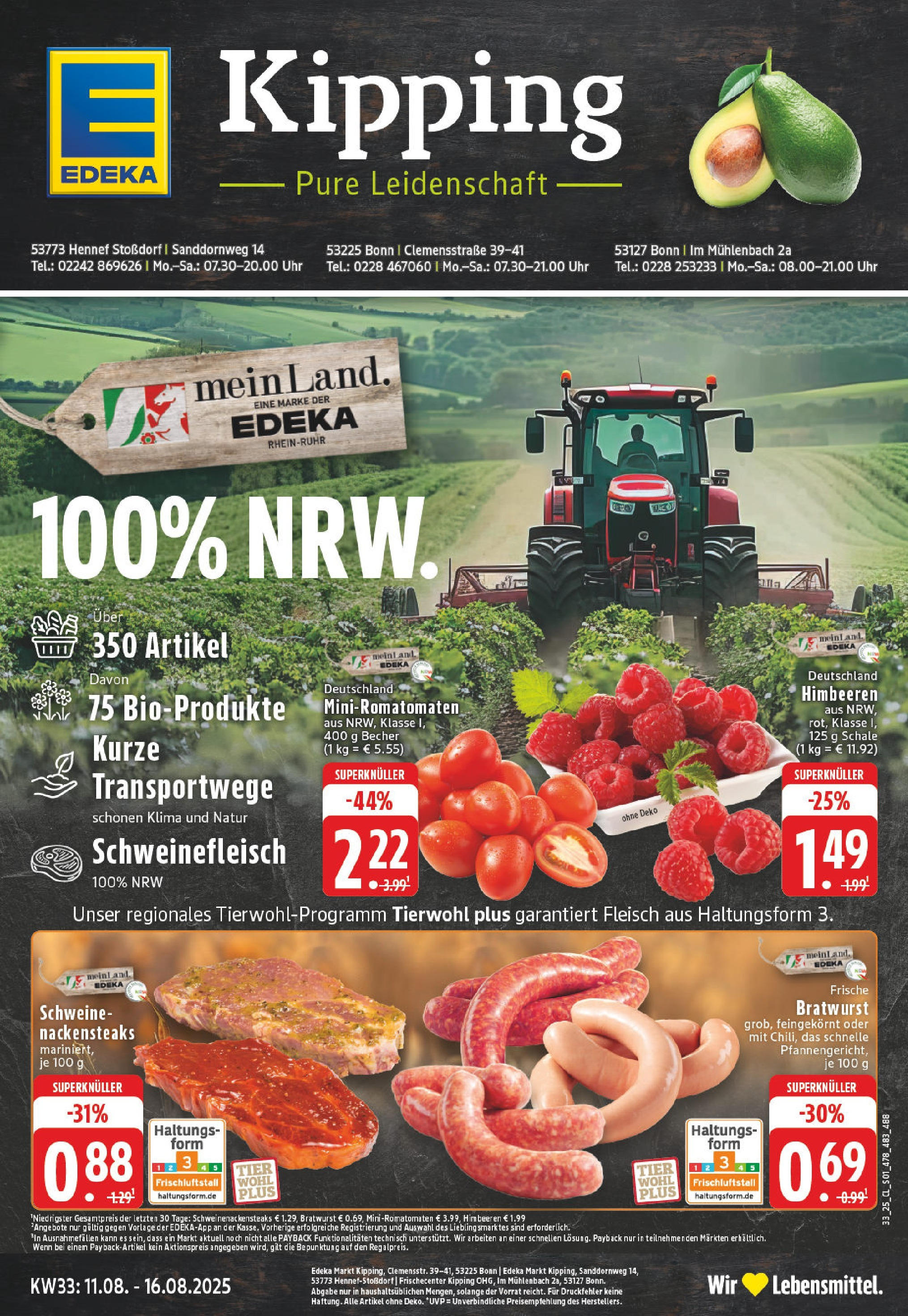 Edeka prospekt Hennef - Stossdorf	 (ab 11.08.2025) » Angebote Online | Seite: 1 | Produkte: Himbeeren, Nackensteaks, Bratwurst, Uhr