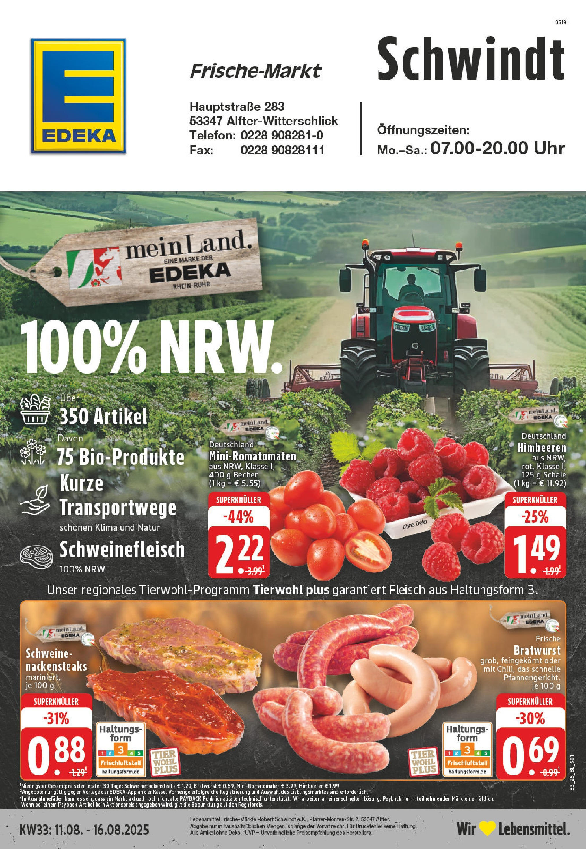 Edeka prospekt Alfter-Witterschlick (ab 10.08.2025) » Angebote Online | Seite: 1 | Produkte: Himbeeren, Nackensteaks, Bratwurst, Telefon Edeka prospekt Alfter-Witterschlick (ab 10.08.2025) » Angebote Online | Seite: 1 | Produkte: Himbeeren, Nackensteaks, Bratwurst, Telefon