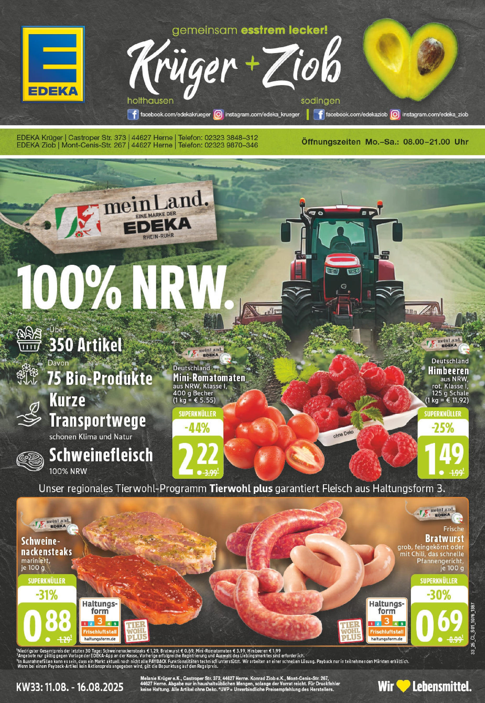 Edeka prospekt Herne	 (ab 11.08.2025) » Angebote Online | Seite: 1 | Produkte: Himbeeren, Schweinefleisch, Fleisch, Uhr