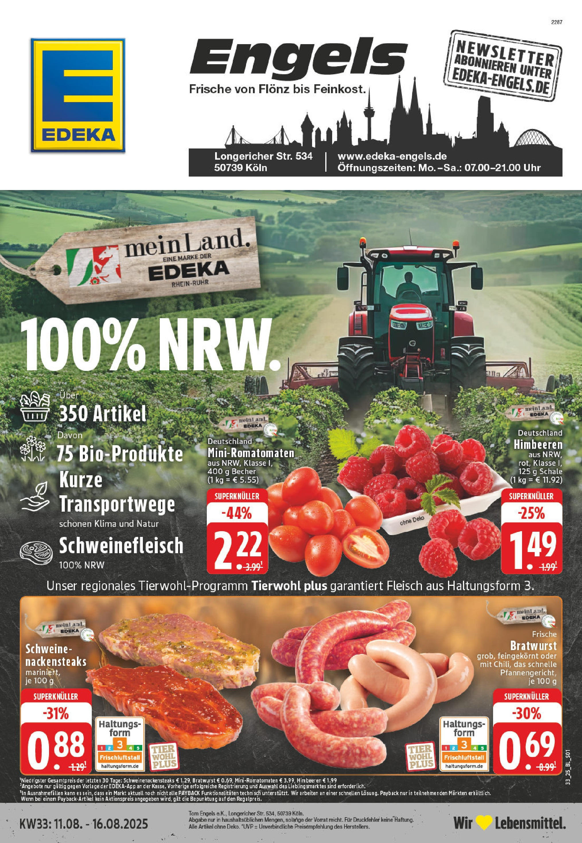 Edeka prospekt Köln-Longerich	 (ab 11.08.2025) » Angebote Online | Seite: 1 | Produkte: Himbeeren, Schweinefleisch, Fleisch, Uhr