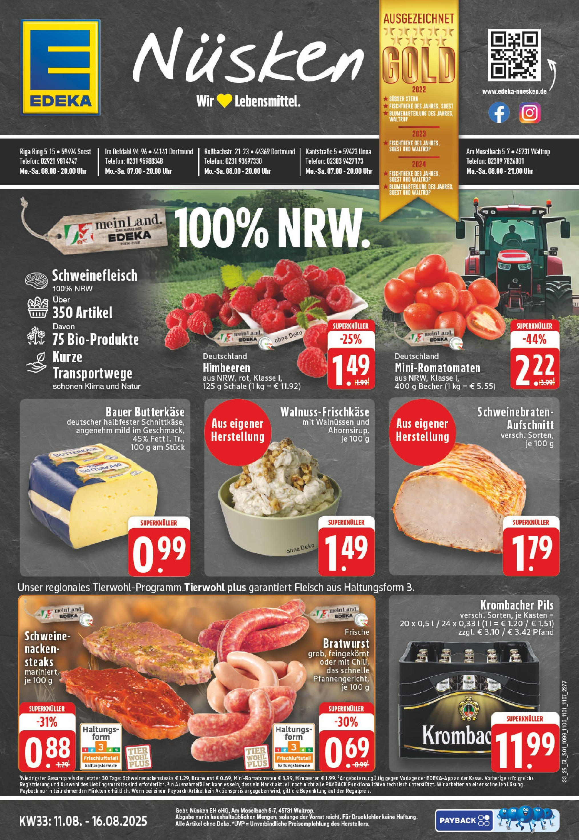 Edeka prospekt Soest	 (ab 10.08.2025) » Angebote Online | Seite: 1 | Produkte: Himbeeren, Butter, Krombacher, Telefon