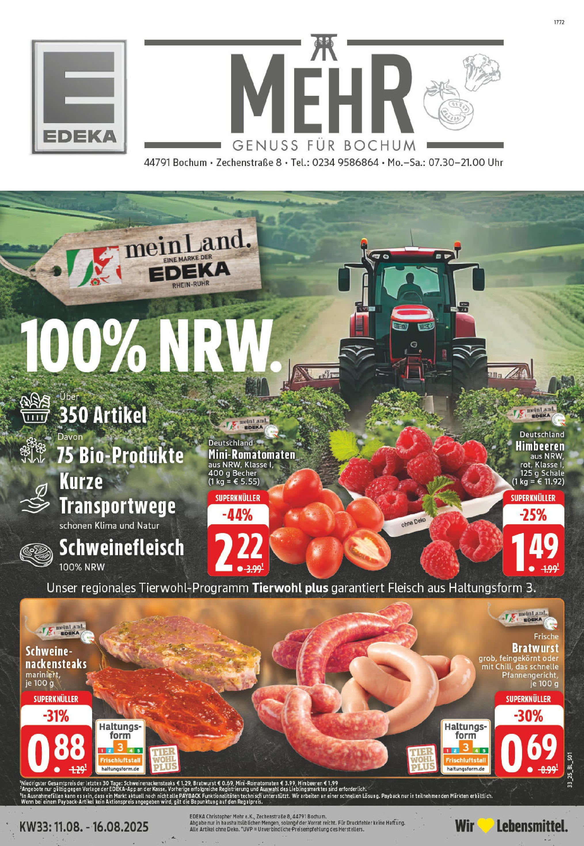 Edeka prospekt Bochum	 (ab 11.08.2025) » Angebote Online | Seite: 1 | Produkte: Nackensteaks, Schweinefleisch, Fleisch, Uhr