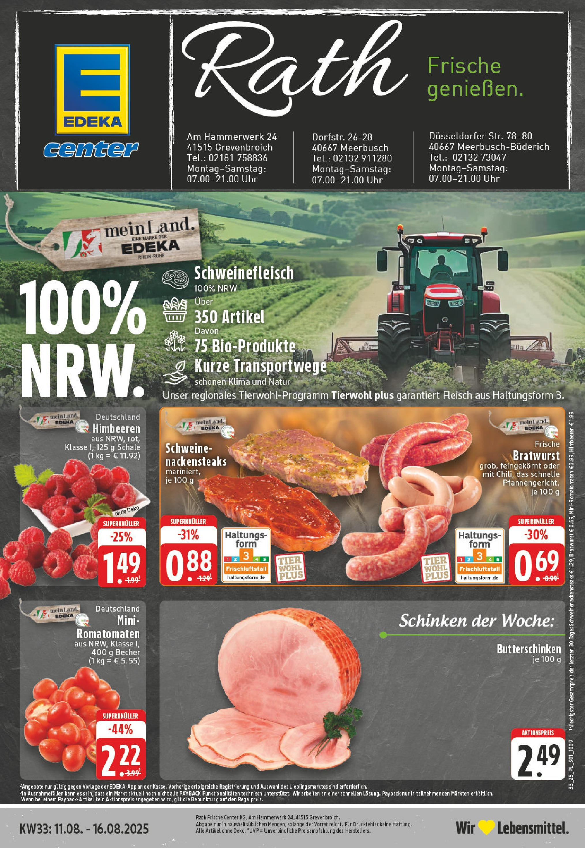Edeka prospekt Grevenbroich	 (ab 11.08.2025) » Angebote Online | Seite: 1 | Produkte: Nackensteaks, Schinken, Fleisch, Uhr