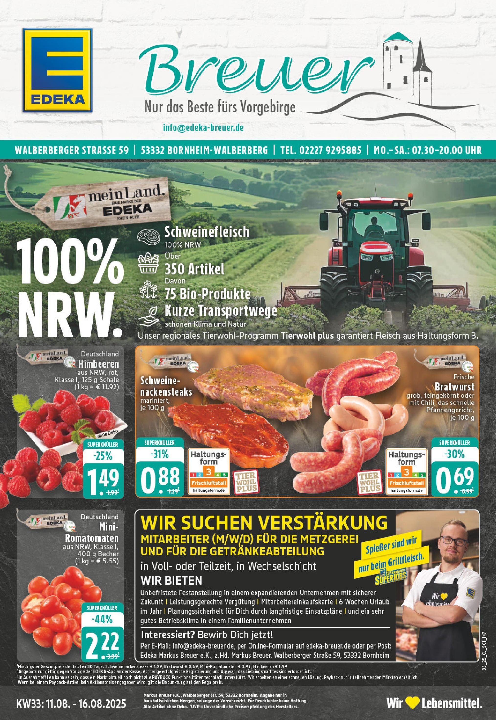 Edeka prospekt Bornheim-Walberberg	 (ab 11.08.2025) » Angebote Online | Seite: 1 | Produkte: Himbeeren, Bratwurst, Fleisch, Uhr