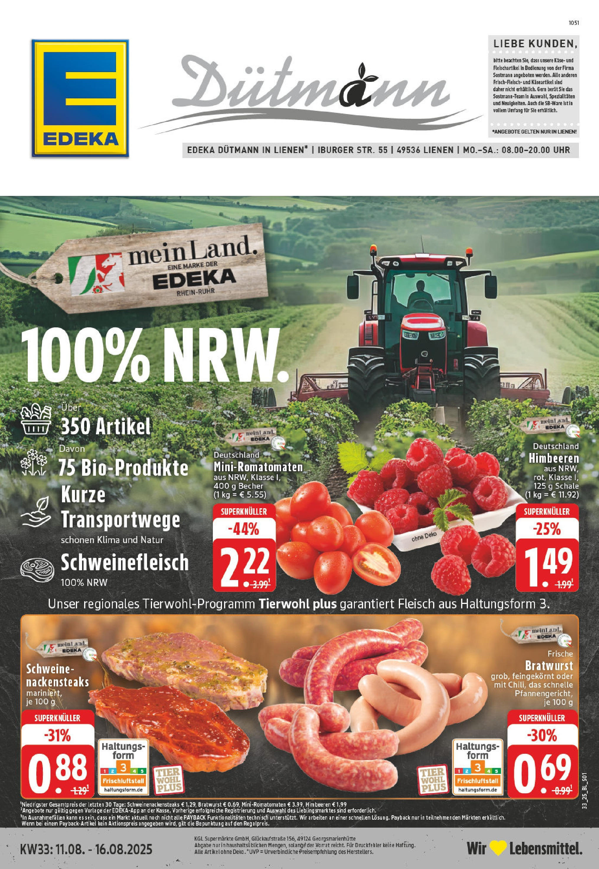Edeka prospekt Lienen	 (ab 11.08.2025) » Angebote Online | Seite: 1 | Produkte: Nackensteaks, Käse, Bratwurst, Fleisch