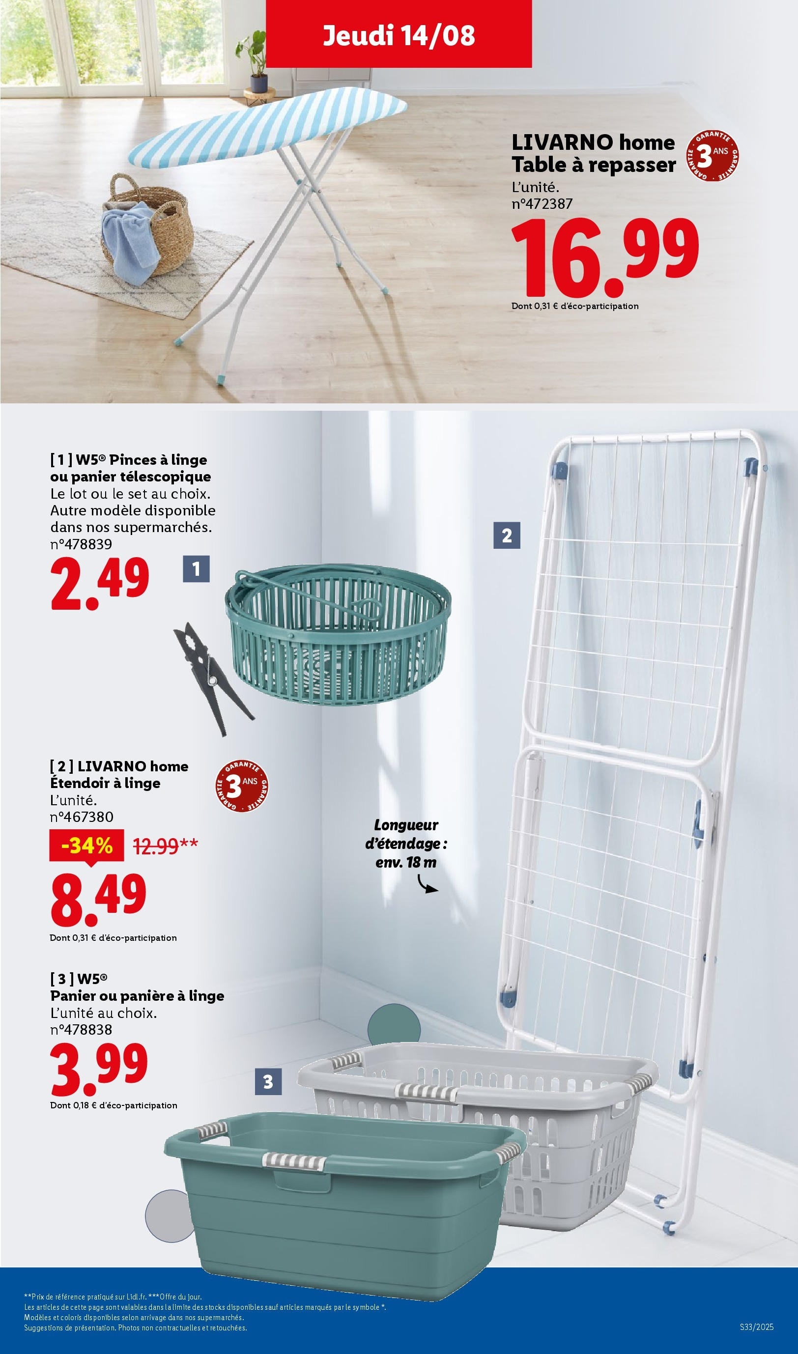Catalogue LIDL du 13/08/2025 | Promo prospectus en ligne | Page: 33 | Produits: Étendoir à linge, Étendoir, Table, Panier