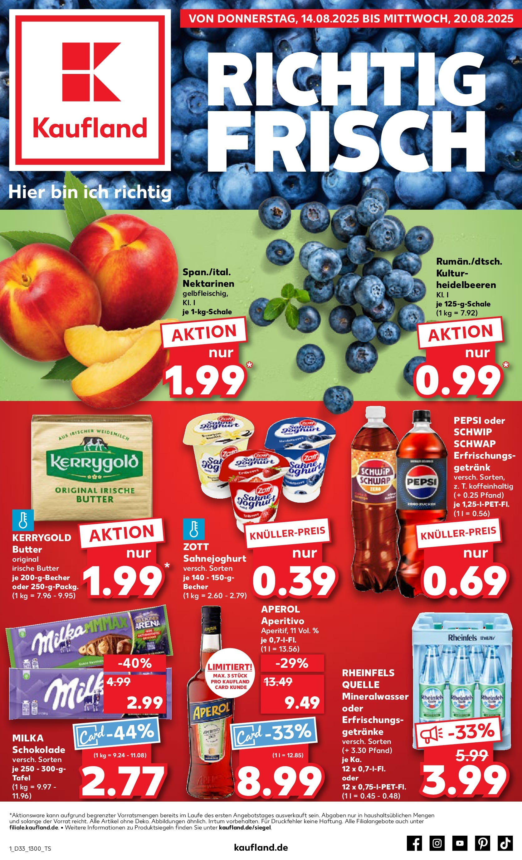 Prospekt Kaufland ab 14.08.2025 » Angebote Online zum Blättern | Seite: 1 | Produkte: Schokolade, Milka, Sahne, Rheinfels quelle