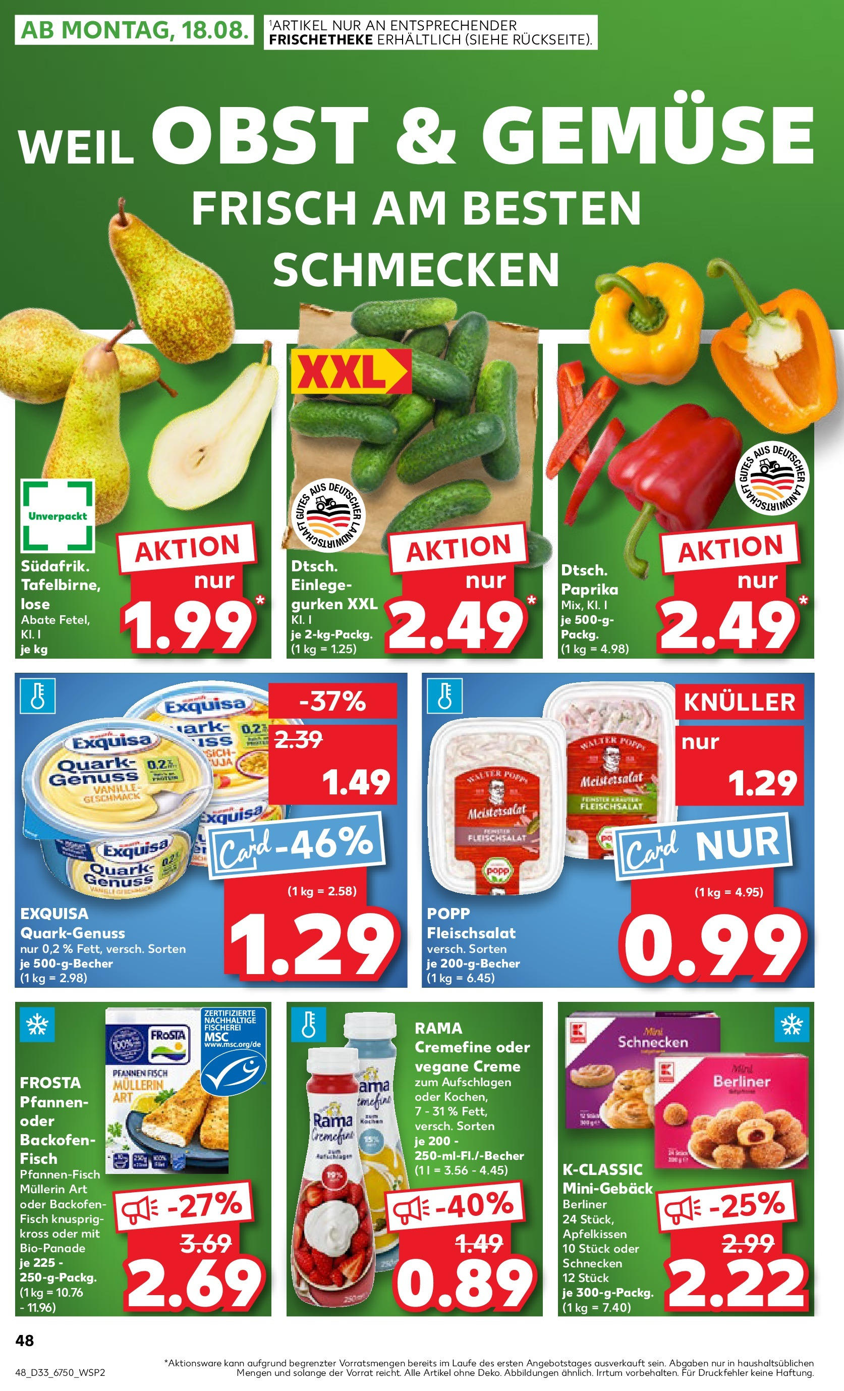 Prospekt Kaufland ab 14.08.2025 » Angebote und Werbung Online | Seite: 48 | Produkte: Quark, Creme, Frosta, Gurken Prospekt Kaufland ab 14.08.2025 » Angebote Online zum Blättern | Seite: 48 | Produkte: Quark, Creme, Frosta, Gurken