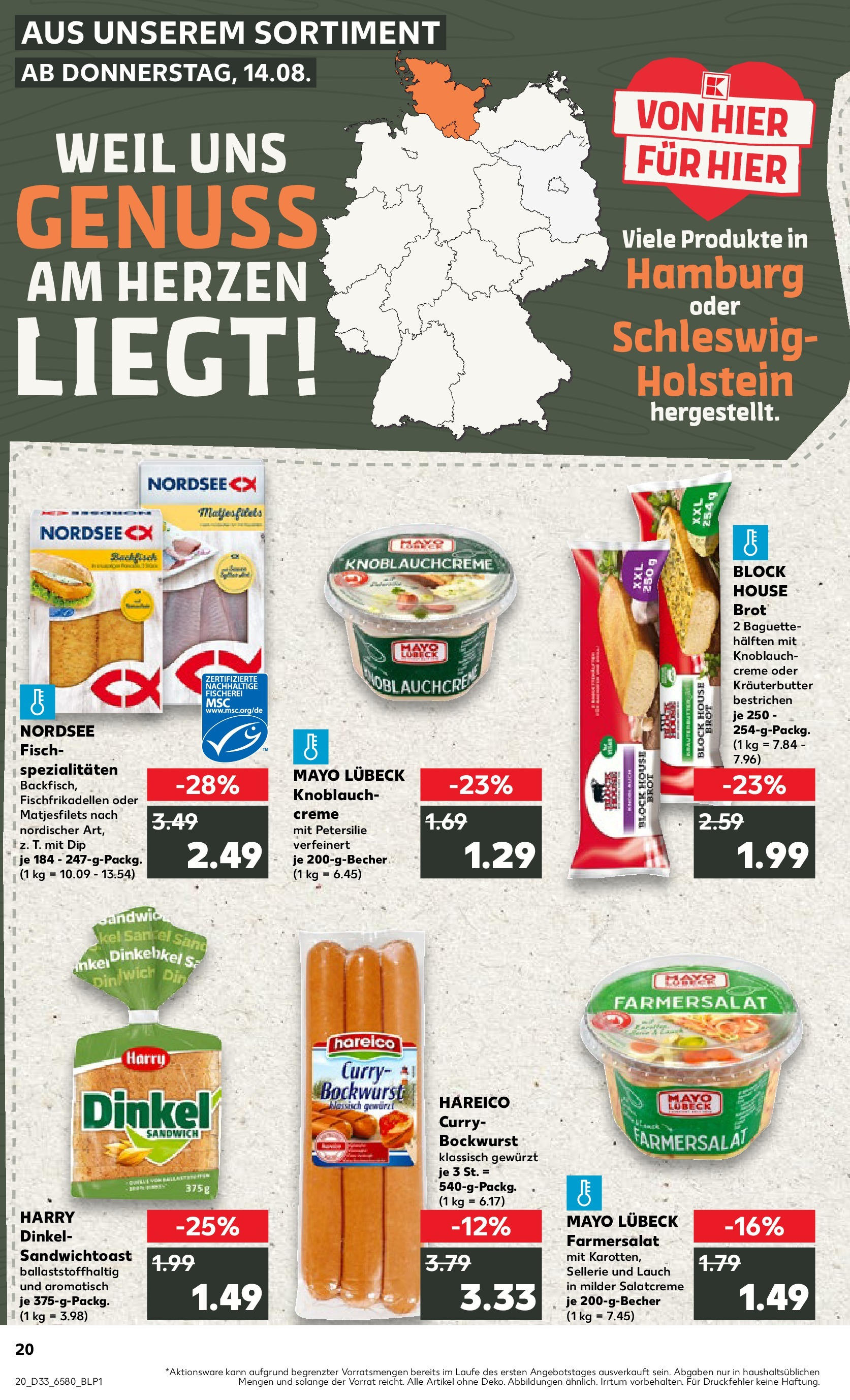 Prospekt Kaufland ab 14.08.2025 » Angebote und Werbung Online | Seite: 20 | Produkte: Bockwurst, Kräuterbutter, Fisch, Petersilie Prospekt Kaufland ab 14.08.2025 » Angebote Online zum Blättern | Seite: 20 | Produkte: Bockwurst, Kräuterbutter, Fisch, Petersilie