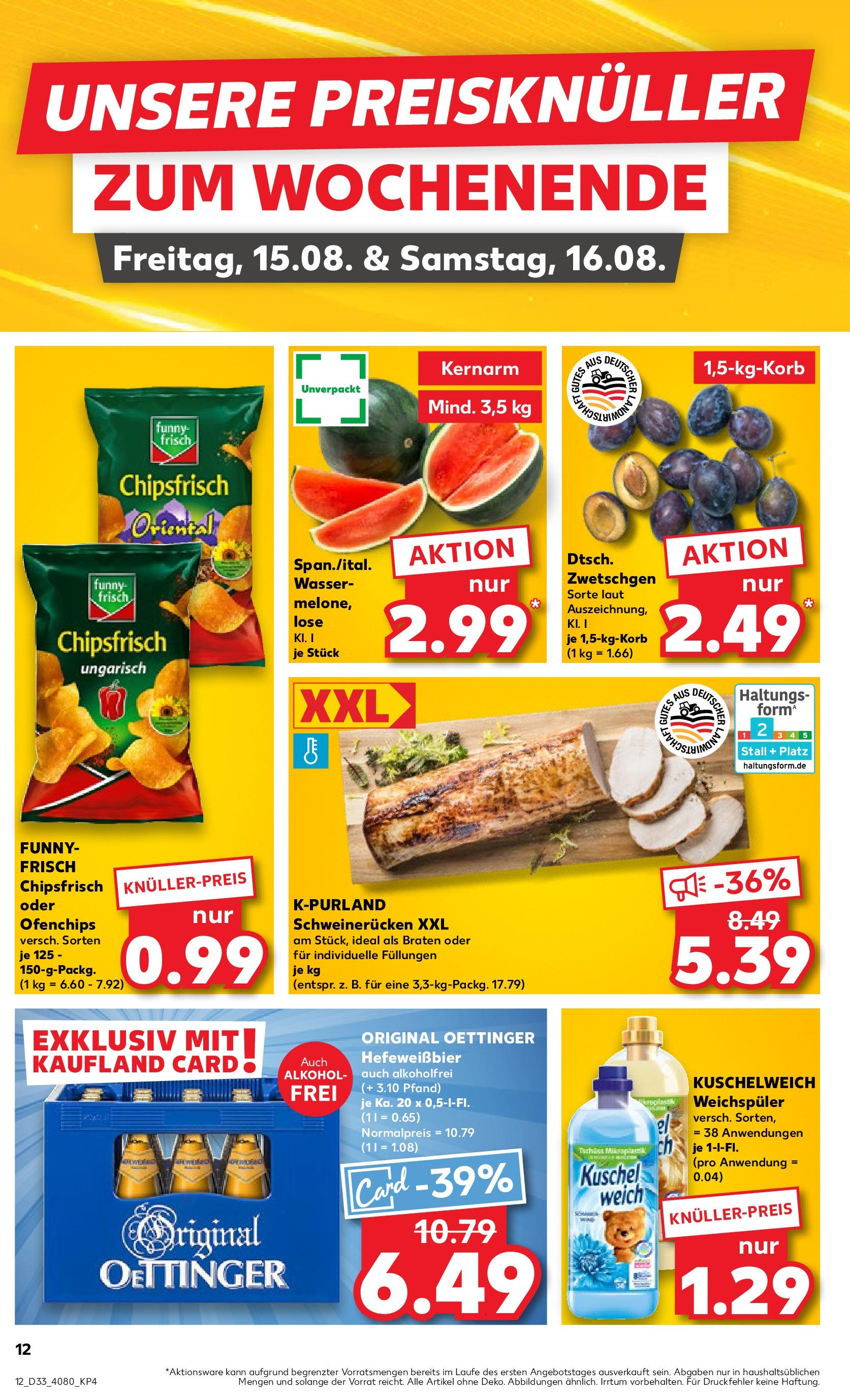 Prospekt Kaufland ab 14.08.2025 » Angebote Online zum Blättern | Seite: 12 | Produkte: Funny frisch, Wasser, Weichspüler, Schweinerucken