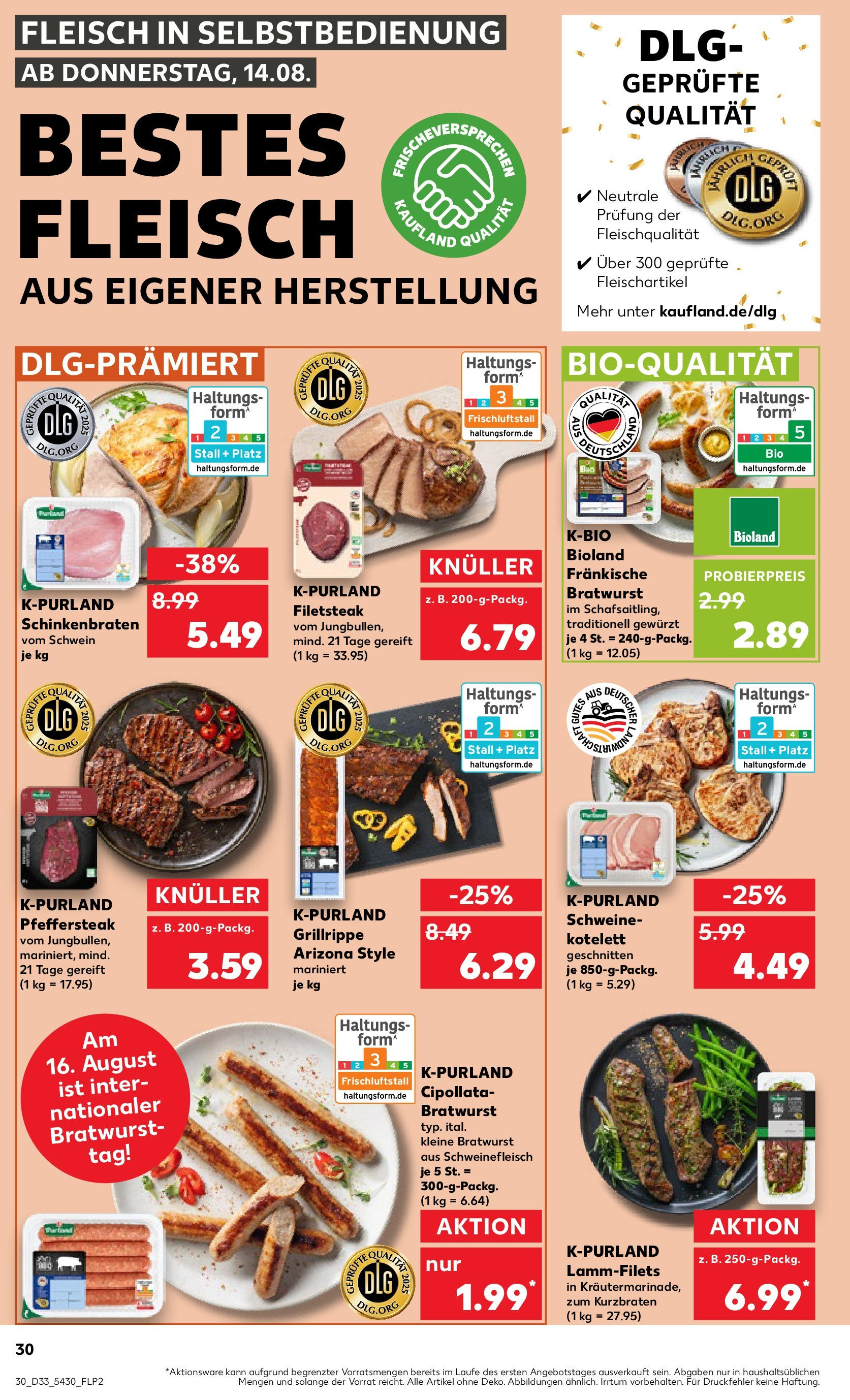 Prospekt Kaufland ab 14.08.2025 » Angebote Online zum Blättern | Seite: 30 | Produkte: Bratwurst, Schweinefleisch, Steak, Fleisch
