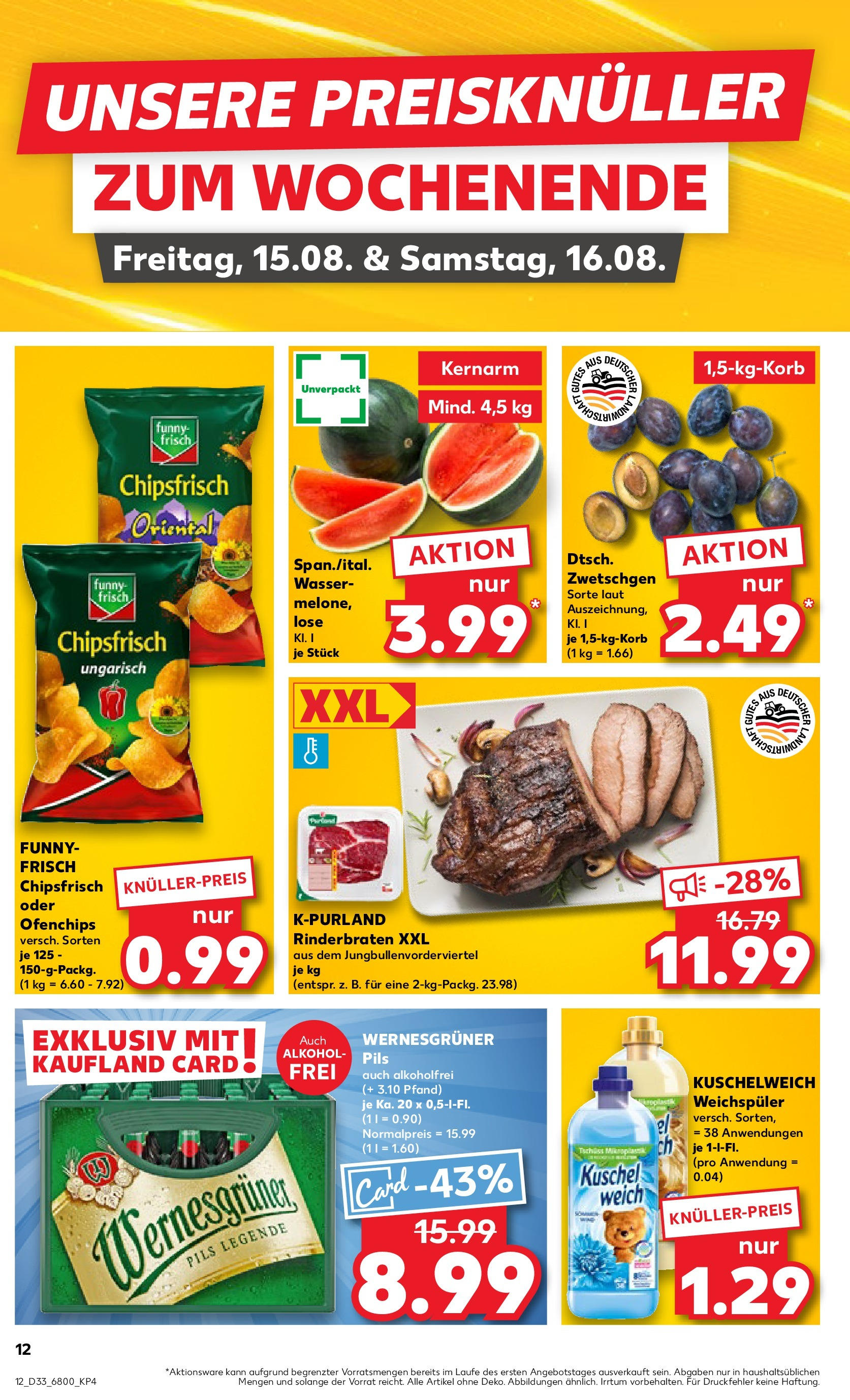 Prospekt Kaufland ab 14.08.2025 » Angebote und Werbung Online | Seite: 12 | Produkte: Rinderbraten, Pils, Kuschelweich, Chips Prospekt Kaufland ab 14.08.2025 » Angebote Online zum Blättern | Seite: 12 | Produkte: Rinderbraten, Pils, Kuschelweich, Chips