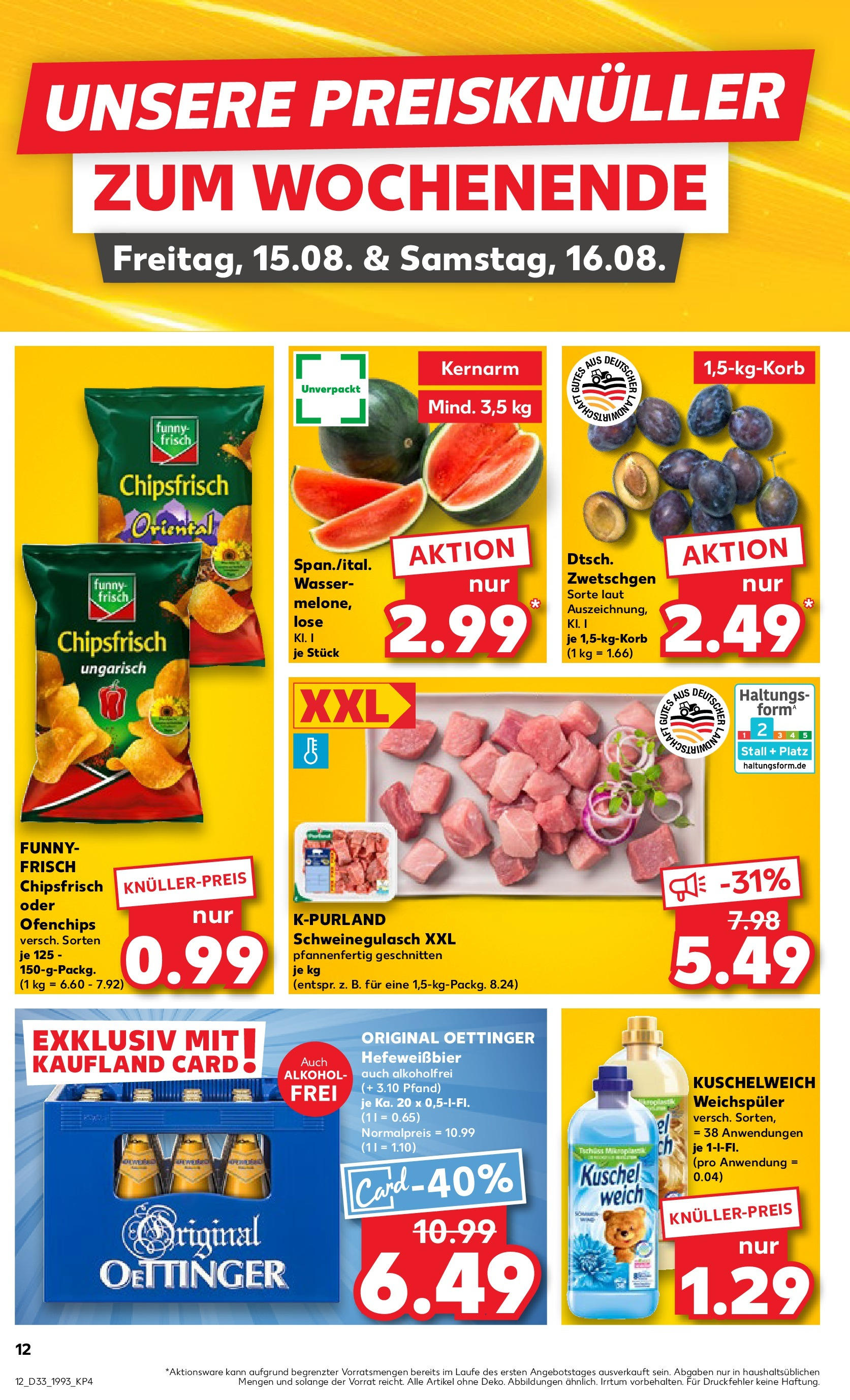 Prospekt Kaufland ab 14.08.2025 » Angebote Online zum Blättern | Seite: 12 | Produkte: Schweinegulasch, Funny frisch, Wasser, Weichspüler