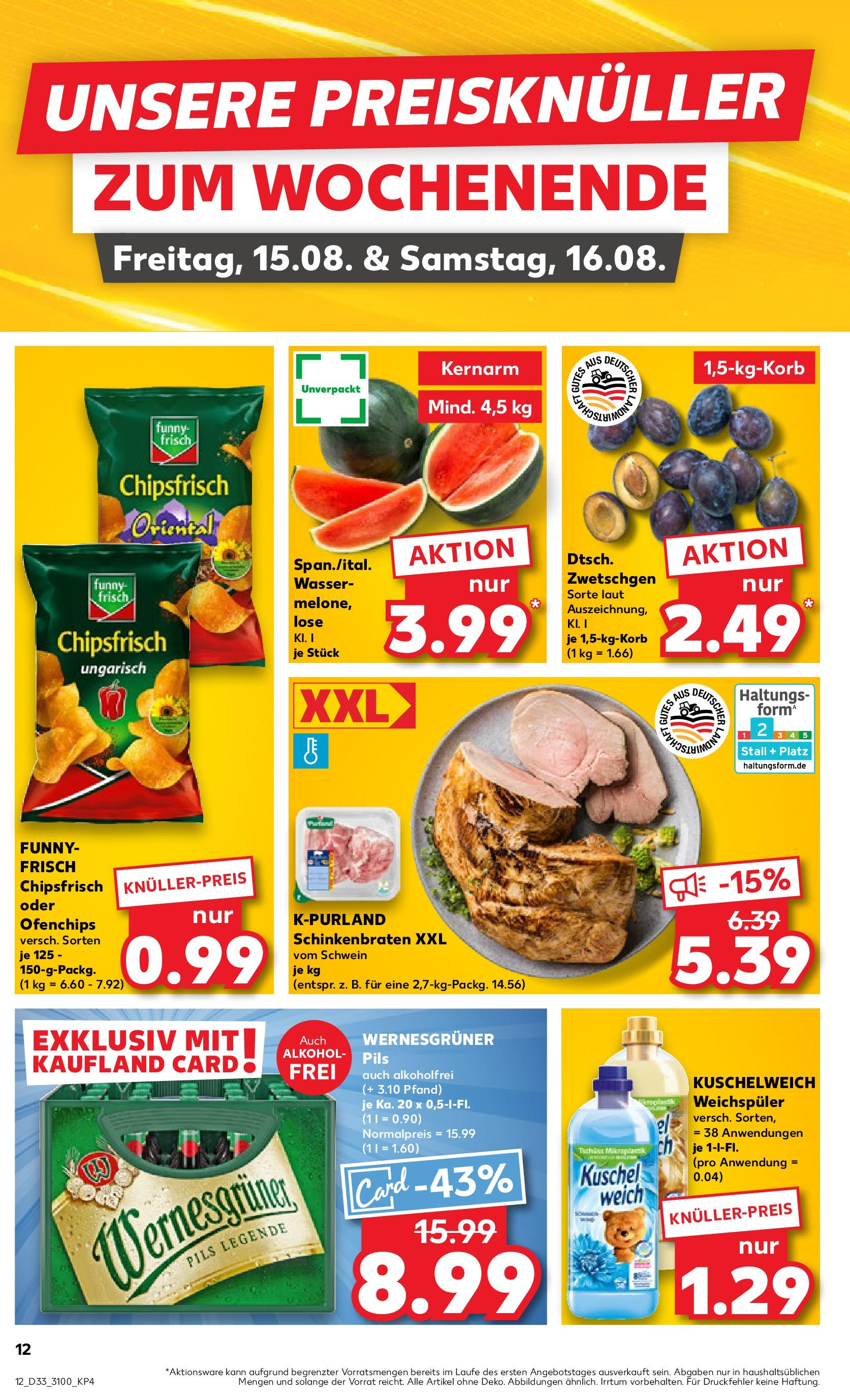 Prospekt Kaufland ab 14.08.2025 » Angebote Online zum Blättern | Seite: 12 | Produkte: Wernesgruner, Kuschelweich, Zwetschgen, Wasser