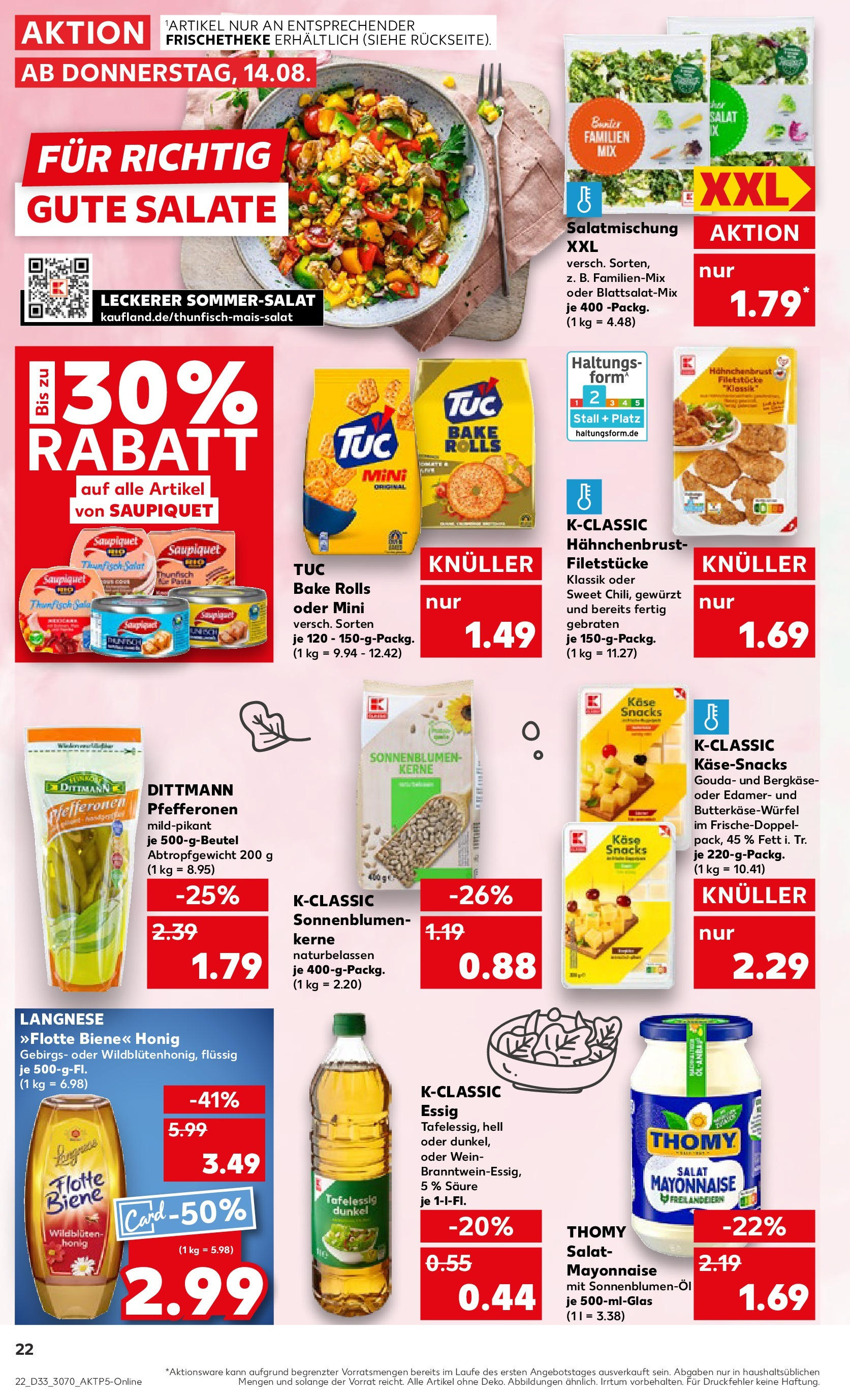 Prospekt Kaufland ab 14.08.2025 » Angebote Online zum Blättern | Seite: 22 | Produkte: Langnese, Käse, Salat, Hahnchenbrust